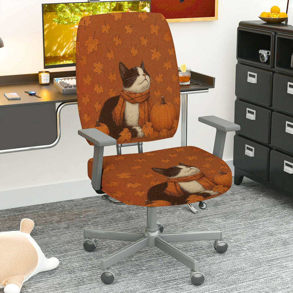 2-Piece Autumn Cat Pumpkin Leaves Thanksgiving  Computer Chair Cover Set, Seat and Backrest