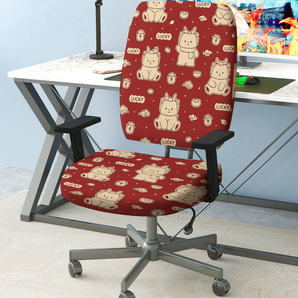 2-Piece Animals Pattern Red Cute Decorative Lucky  Computer Chair Cover Set, Seat and Backrest