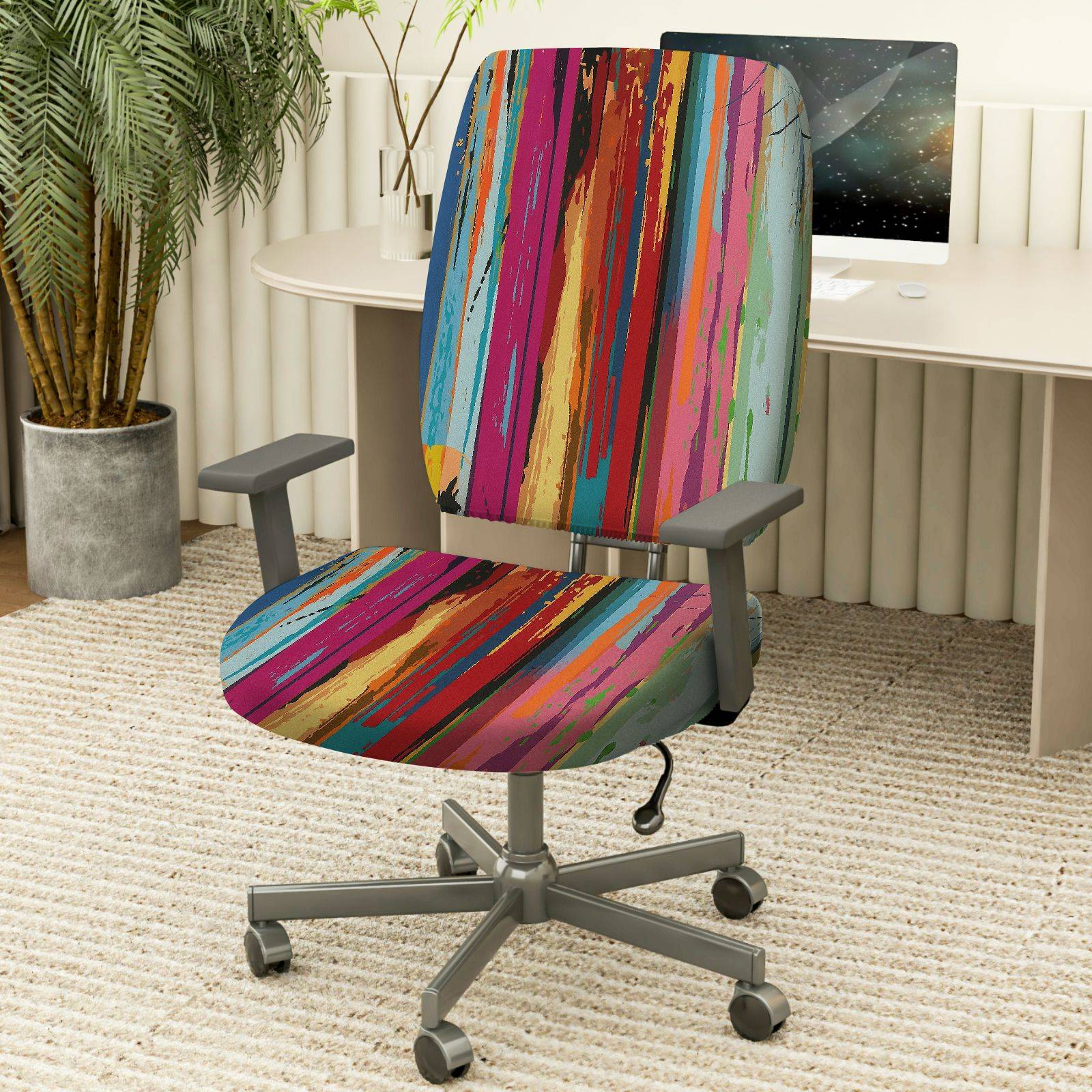 2-Piece Colorful Abstract Artistic Vibrant Striped Geometric  Computer Chair Cover Set, Seat and Backrest