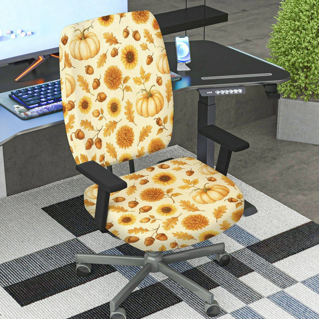 2-Piece Autumn Pumpkin Sunflower Maple Leaf Acorn  Computer Chair Cover Set, Seat and Backrest