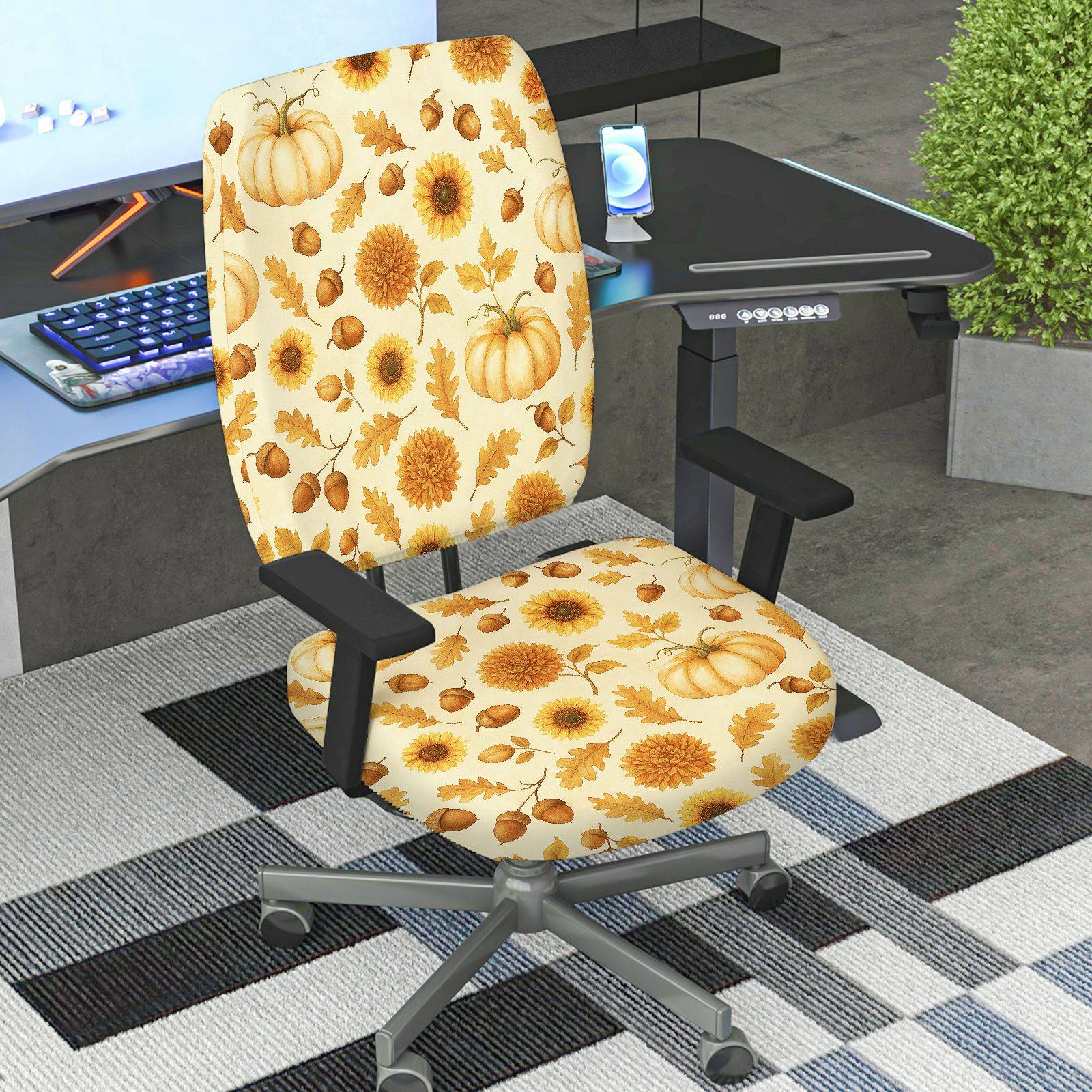 2-Piece Autumn Pumpkin Sunflower Maple Leaf Acorn  Computer Chair Cover Set, Seat and Backrest
