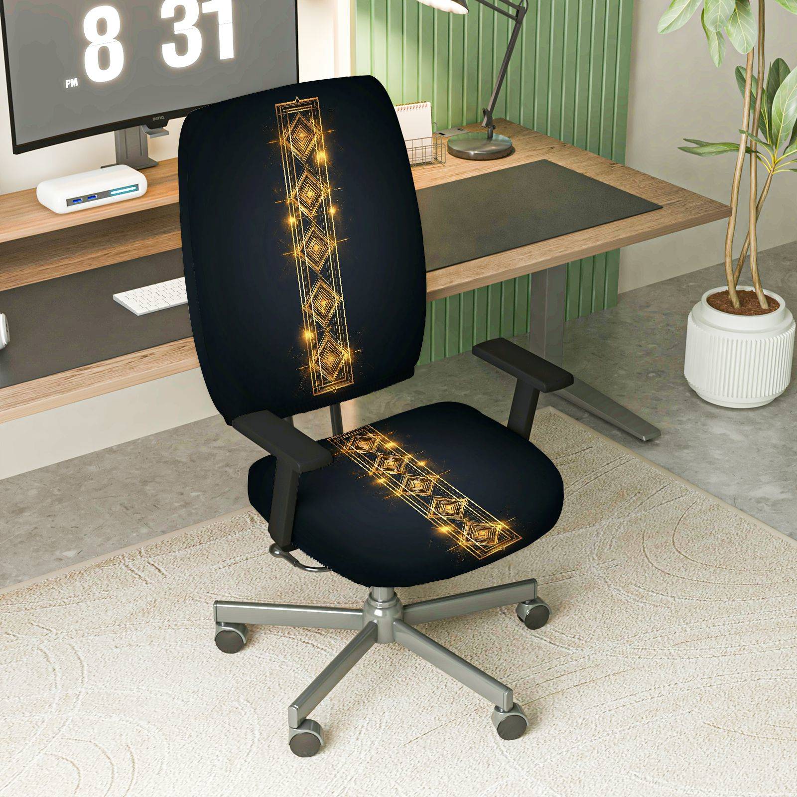 2-Piece Geometric Golden Glitter Pattern Modern Stylish Chic  Computer Chair Cover Set, Seat and Backrest