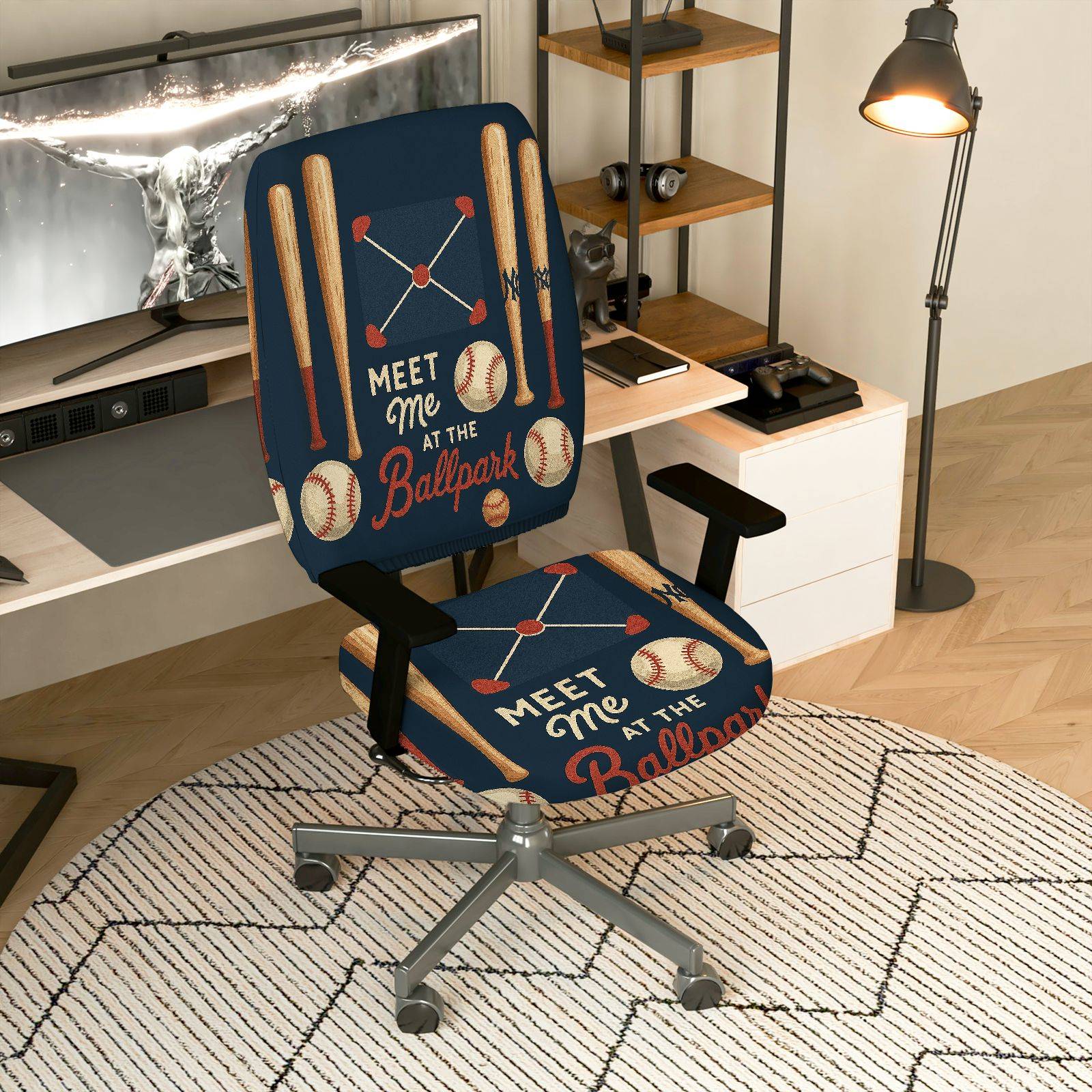 2-Piece Baseball Sports Fan Theme  Computer Chair Cover Set, Seat and Backrest