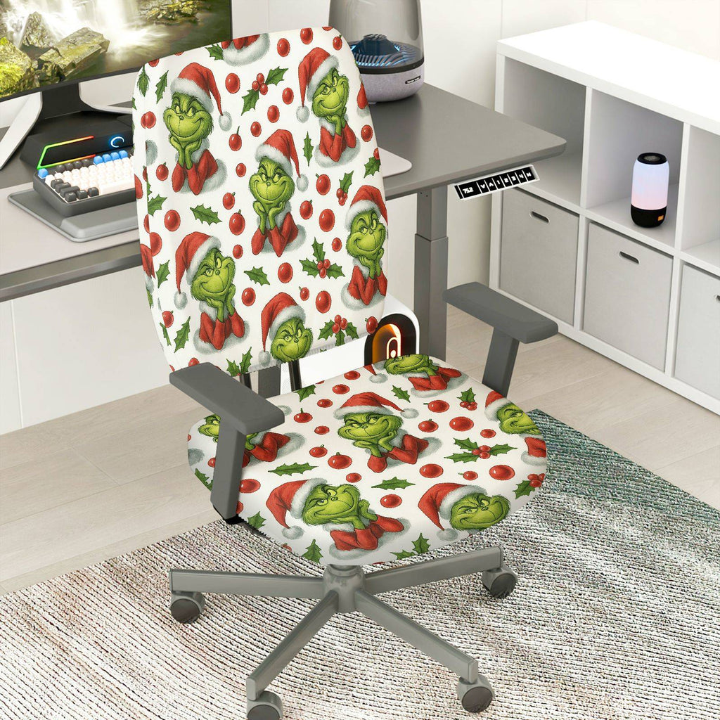 2-Piece Christmas Santa Grinch Holly Berry  Computer Chair Cover Set, Seat and Backrest