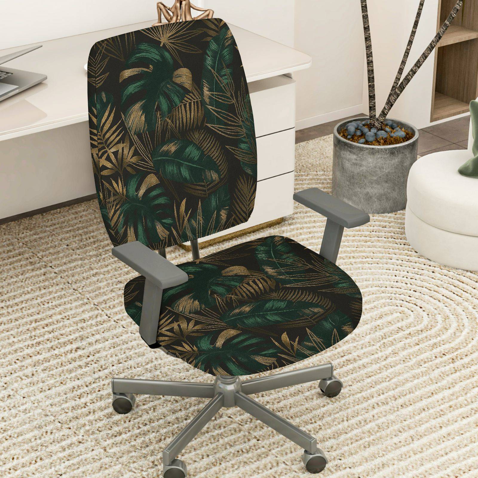 2-Piece Tropical Leaf Green Black Gold  Computer Chair Cover Set, Seat and Backrest