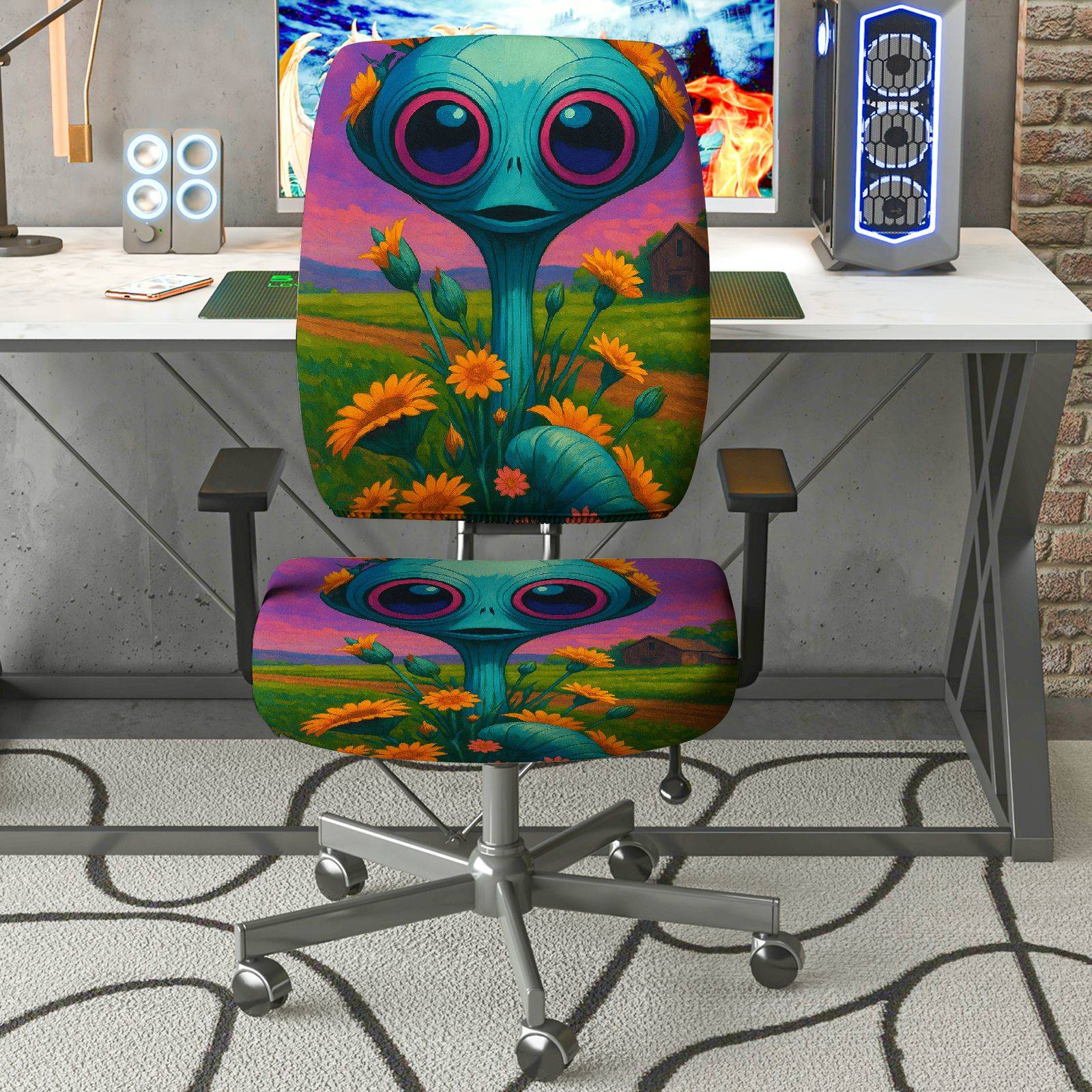 2-Piece Alien Floral Fantasy Art Colorful  Computer Chair Cover Set, Seat and Backrest