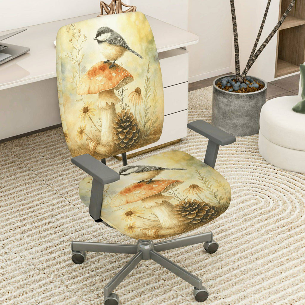2-Piece Autumn Nature Bird Mushroom Pinecone Botanical  Computer Chair Cover Set, Seat and Backrest