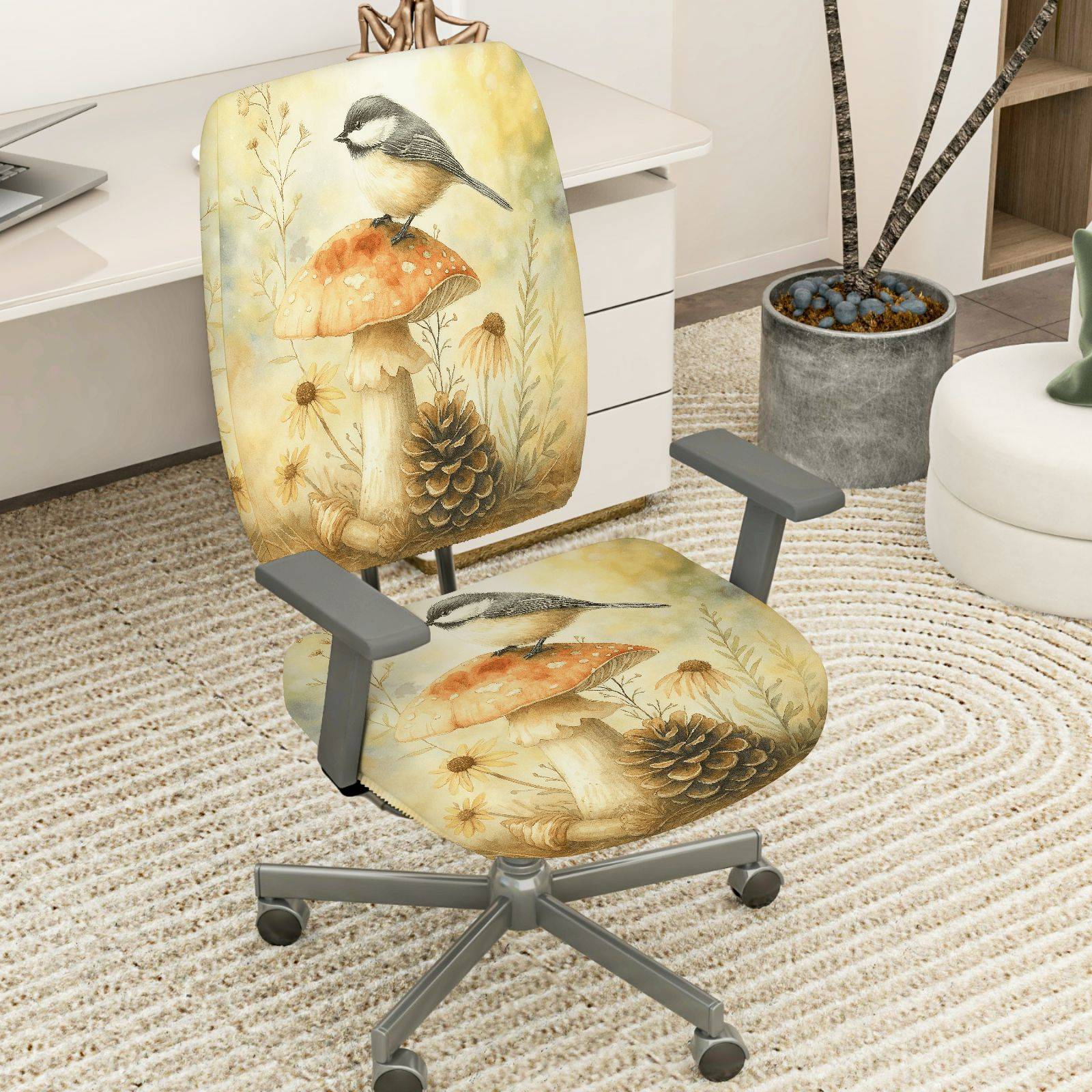 2-Piece Autumn Nature Bird Mushroom Pinecone Botanical  Computer Chair Cover Set, Seat and Backrest