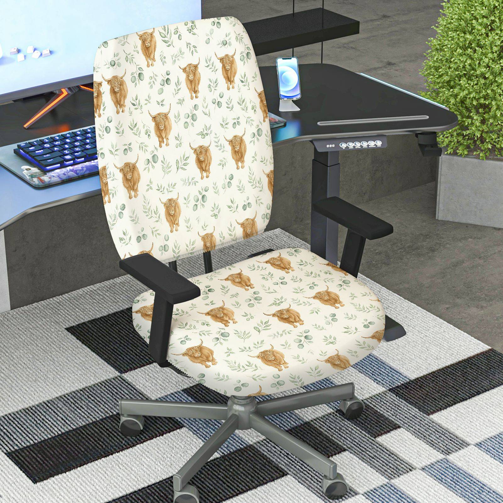 2-Piece Animal Floral Pattern Nature Bull Leaves  Computer Chair Cover Set, Seat and Backrest