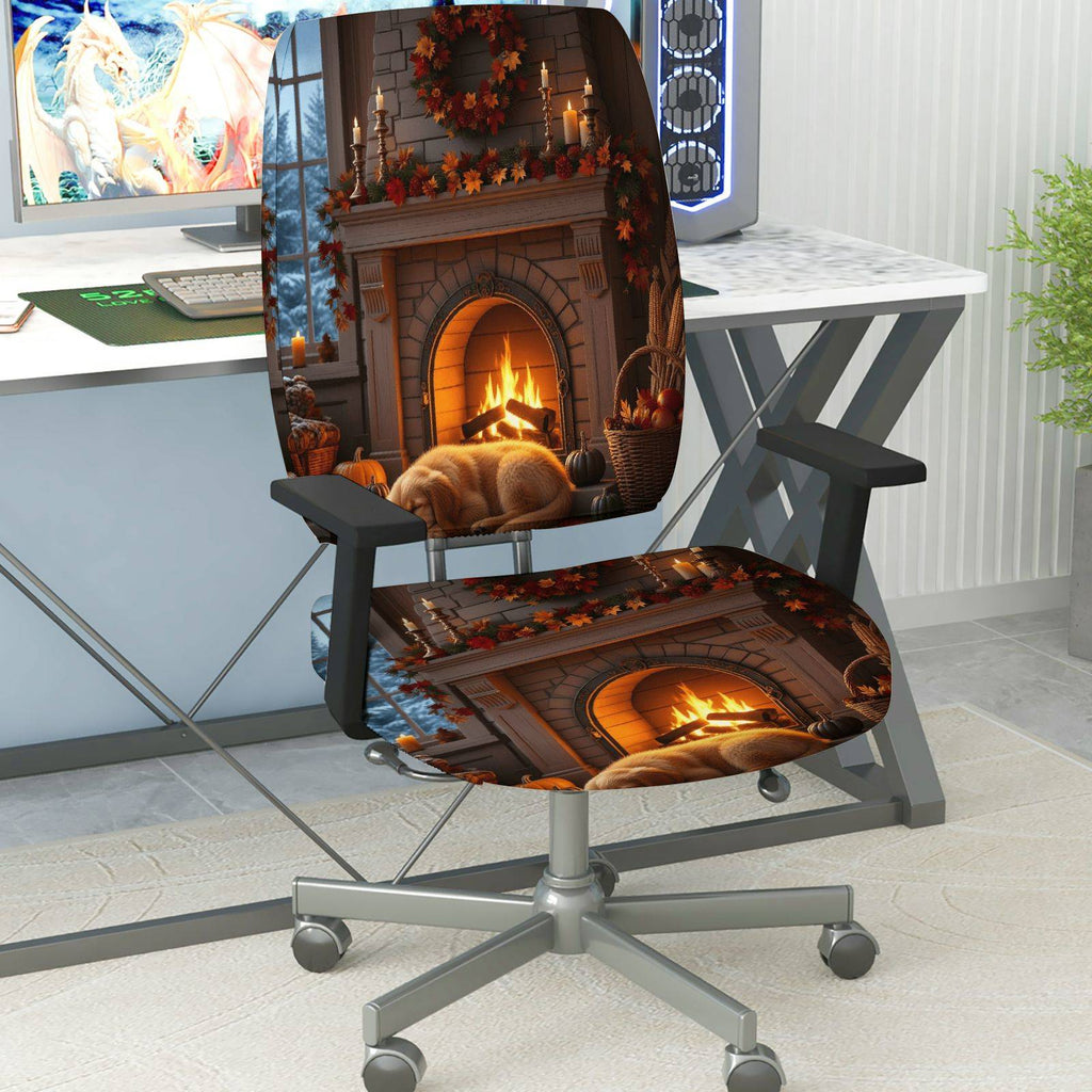 2-Piece Autumn Fireplace Warm Cozy Seasonal Decorative  Computer Chair Cover Set, Seat and Backrest