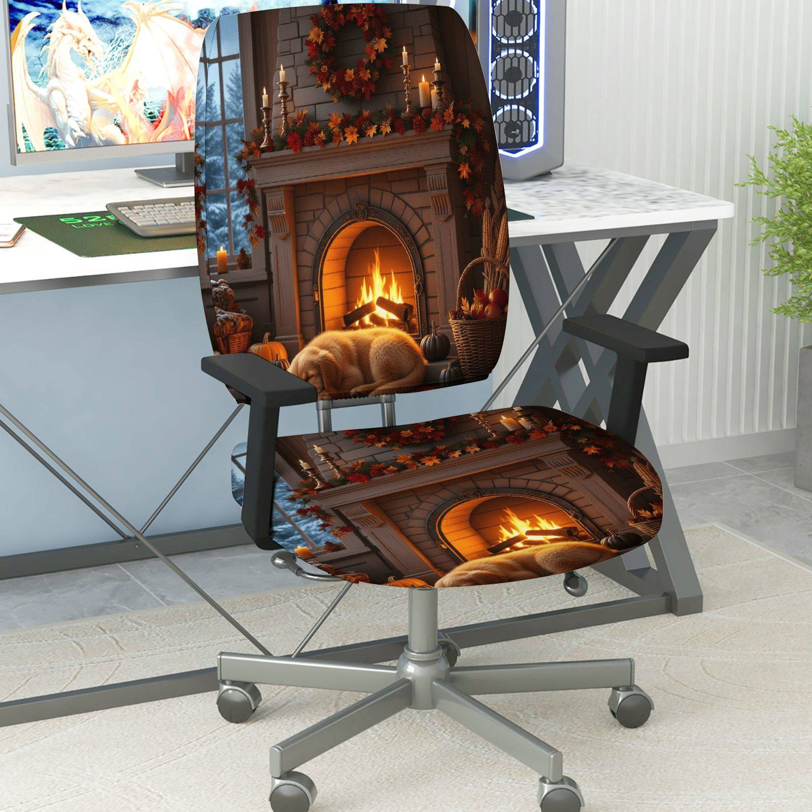 2-Piece Autumn Fireplace Warm Cozy Seasonal Decorative  Computer Chair Cover Set, Seat and Backrest