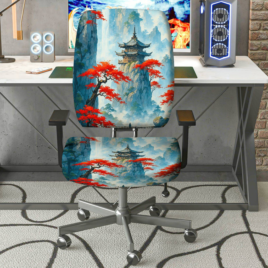 2-Piece Asian Zen Nature Landscape Art  Computer Chair Cover Set, Seat and Backrest