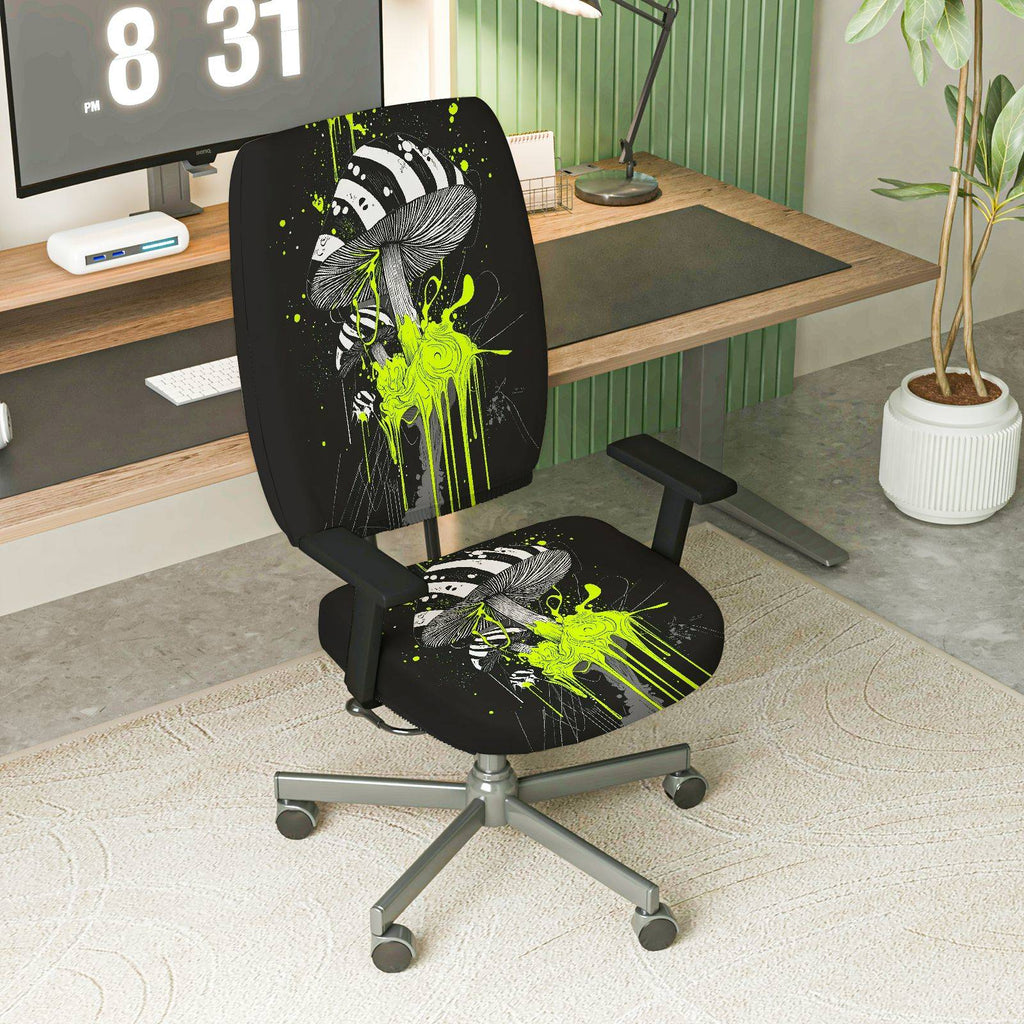 2-Piece Abstract Psychedelic Mushroom Art Green Splash Black  Computer Chair Cover Set, Seat and Backrest