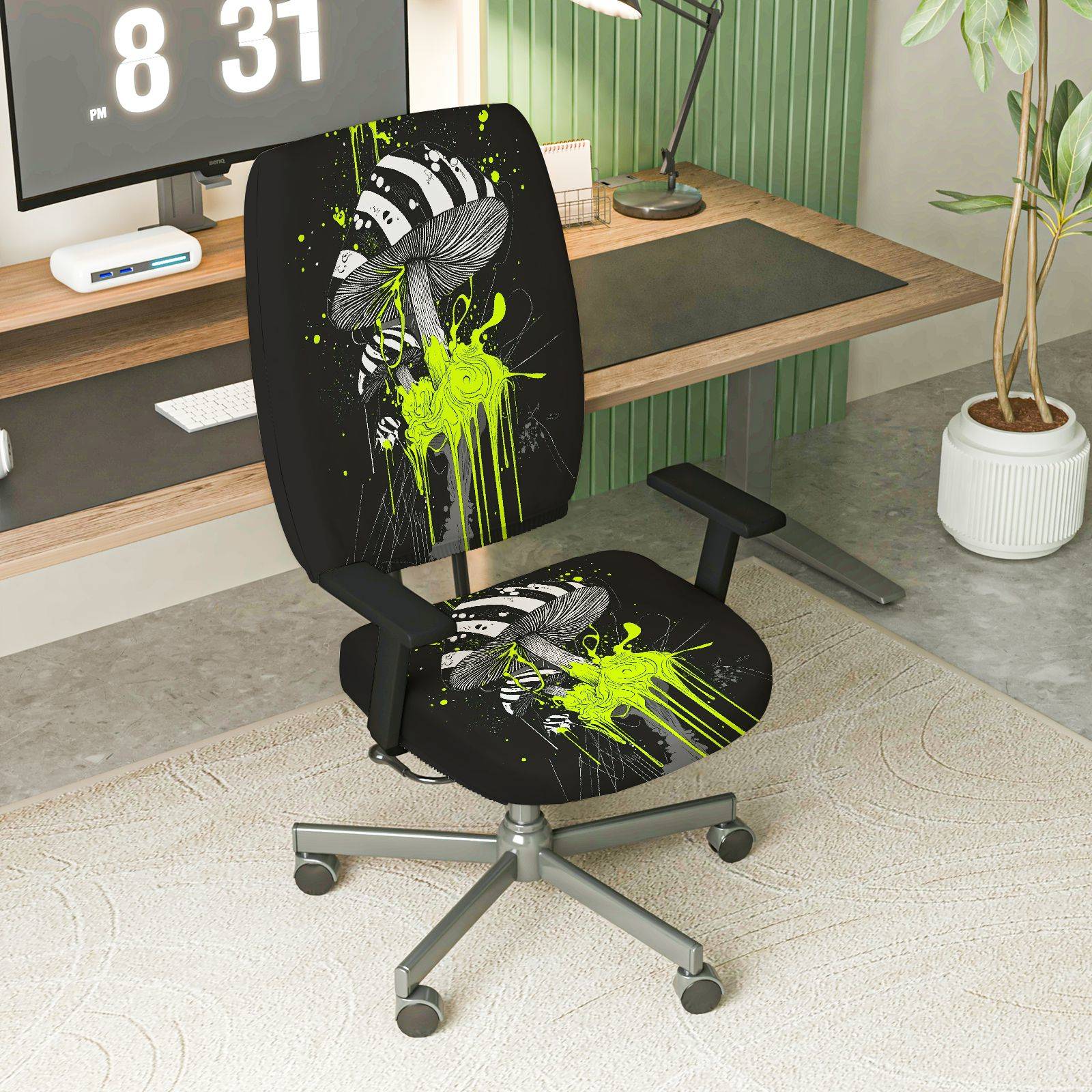 2-Piece Abstract Psychedelic Mushroom Art Green Splash Black  Computer Chair Cover Set, Seat and Backrest
