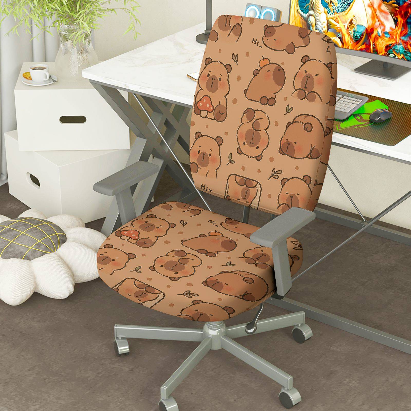 2-Piece Animal Bear Pattern Printed  Computer Chair Cover Set, Seat and Backrest