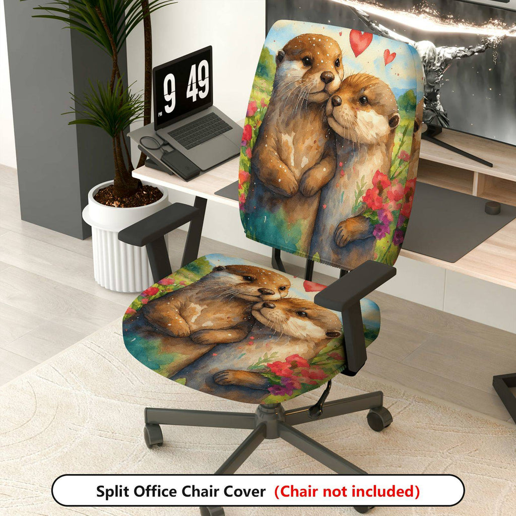 2-Piece Adorable Otter Heart Nature Floral  Computer Chair Cover Set, Seat and Backrest