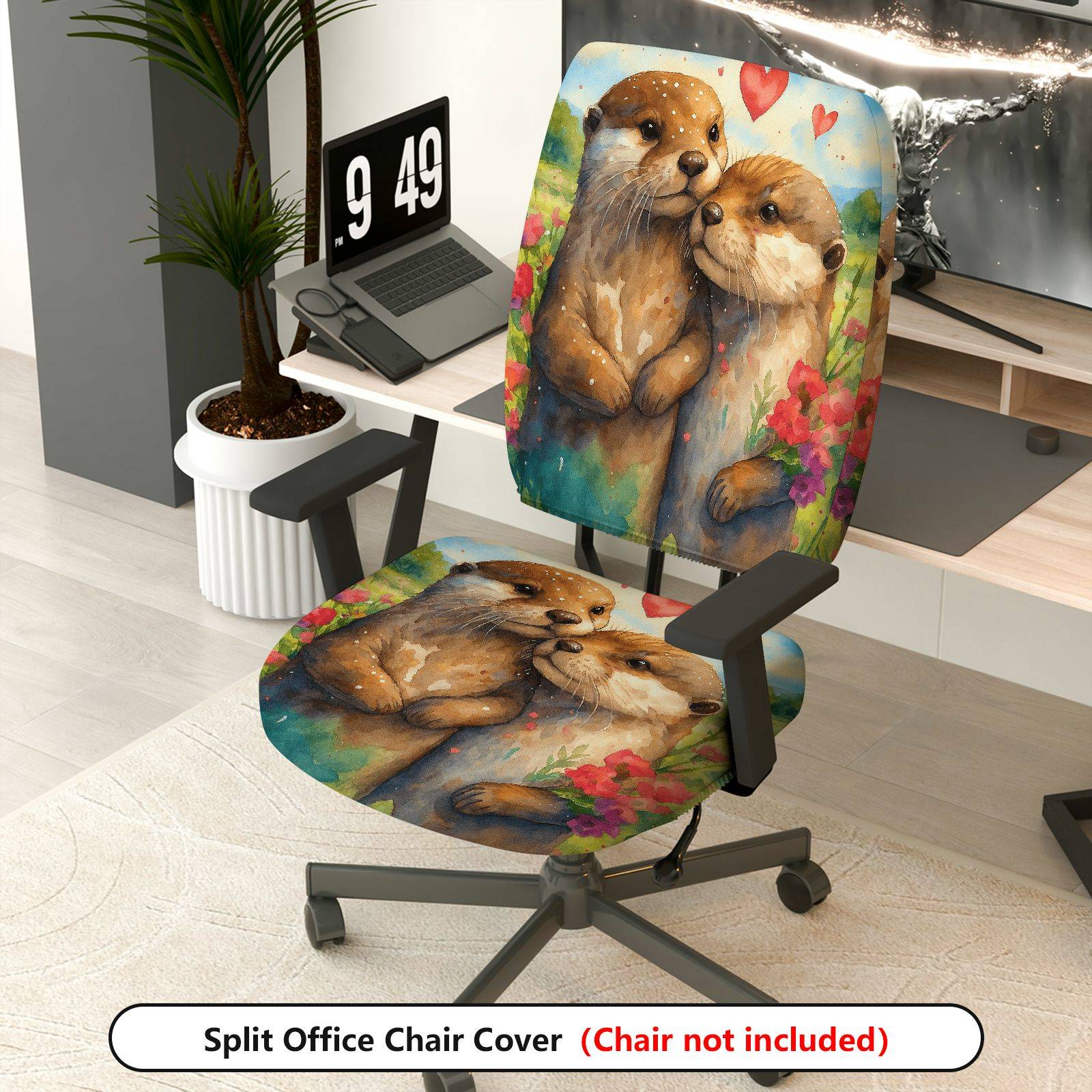 2-Piece Adorable Otter Heart Nature Floral  Computer Chair Cover Set, Seat and Backrest