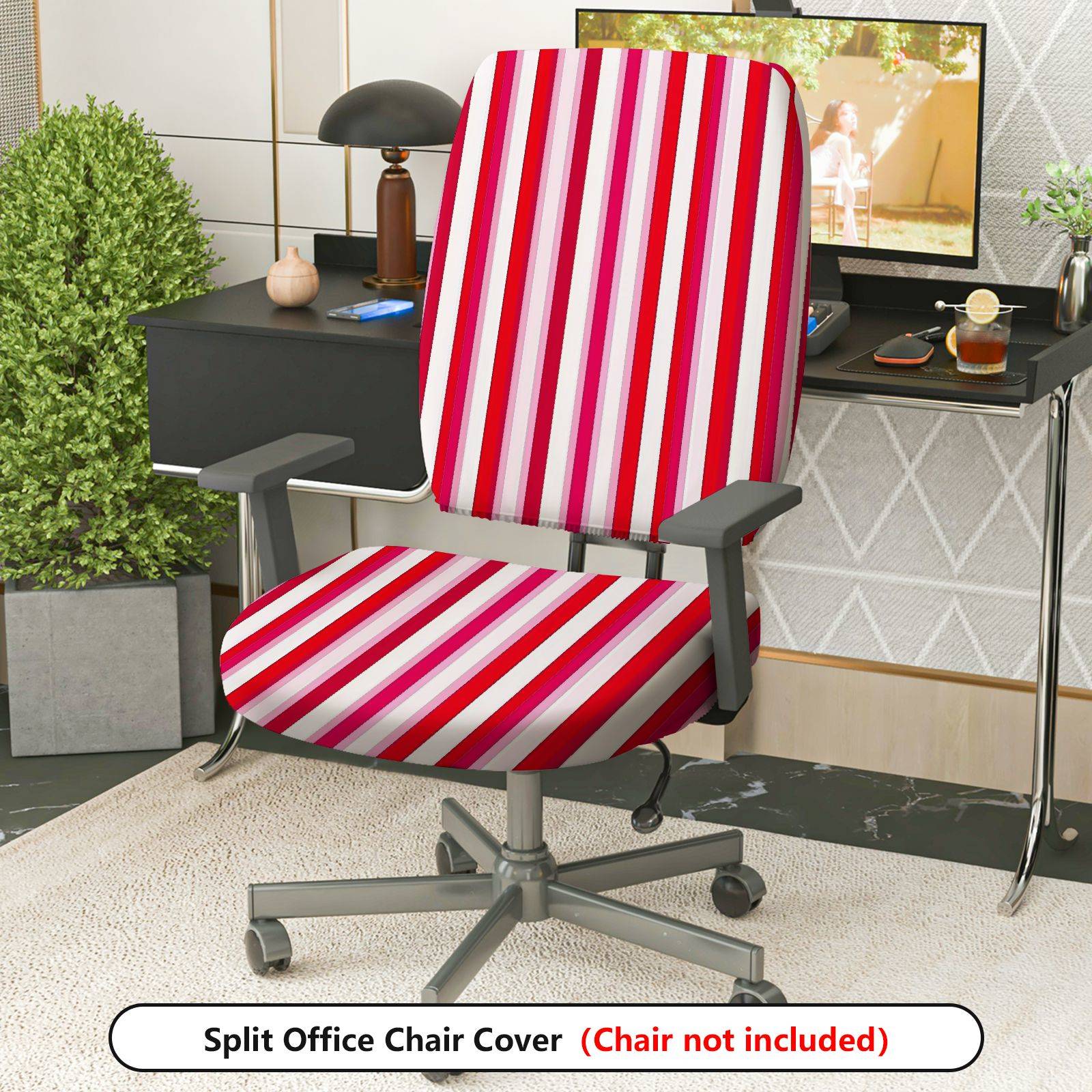 2-Piece Red Pink Striped Geometric Pattern  Computer Chair Cover Set, Seat and Backrest