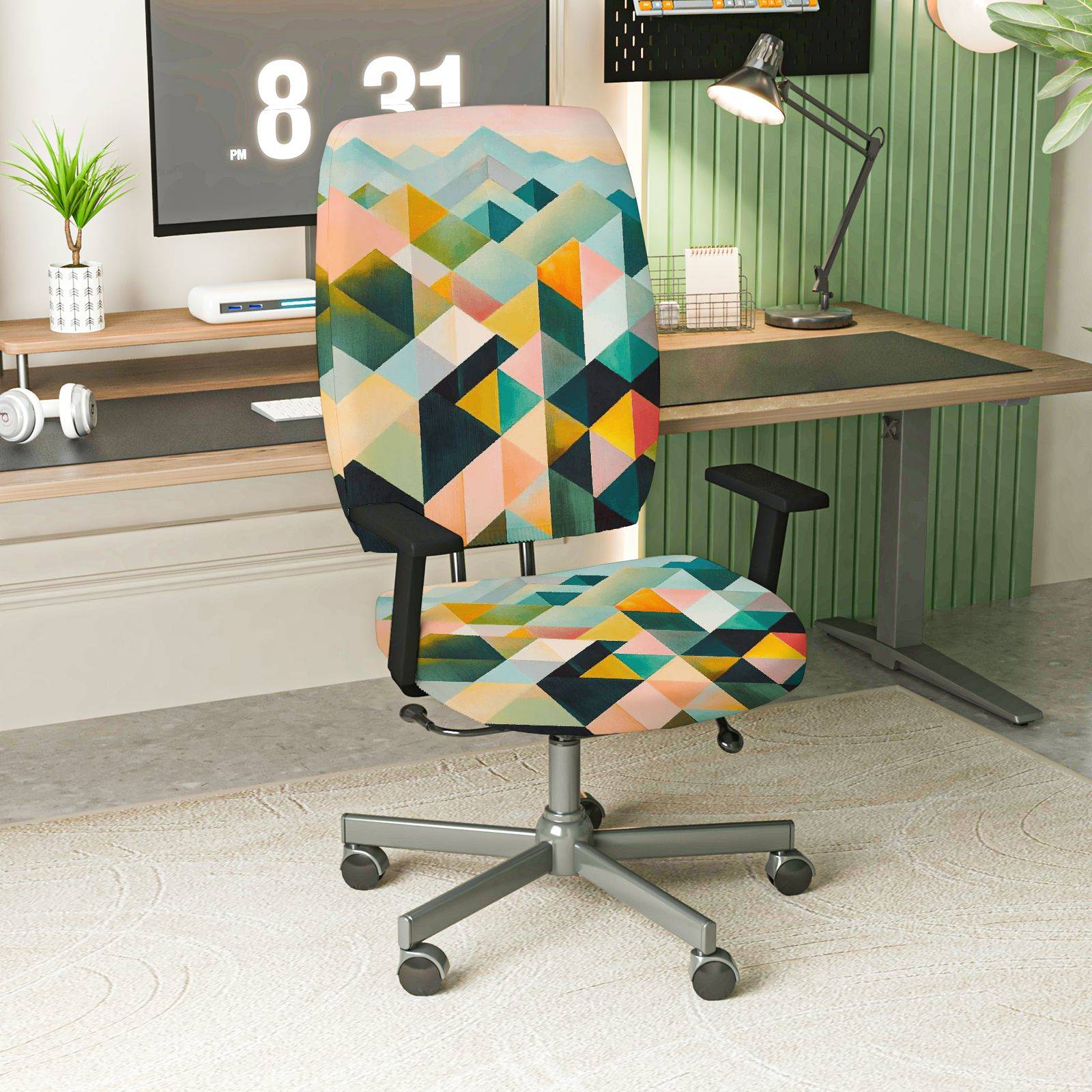 2-Piece Geometric Pattern Colorful Abstract Art Modern Stylish  Computer Chair Cover Set, Seat and Backrest