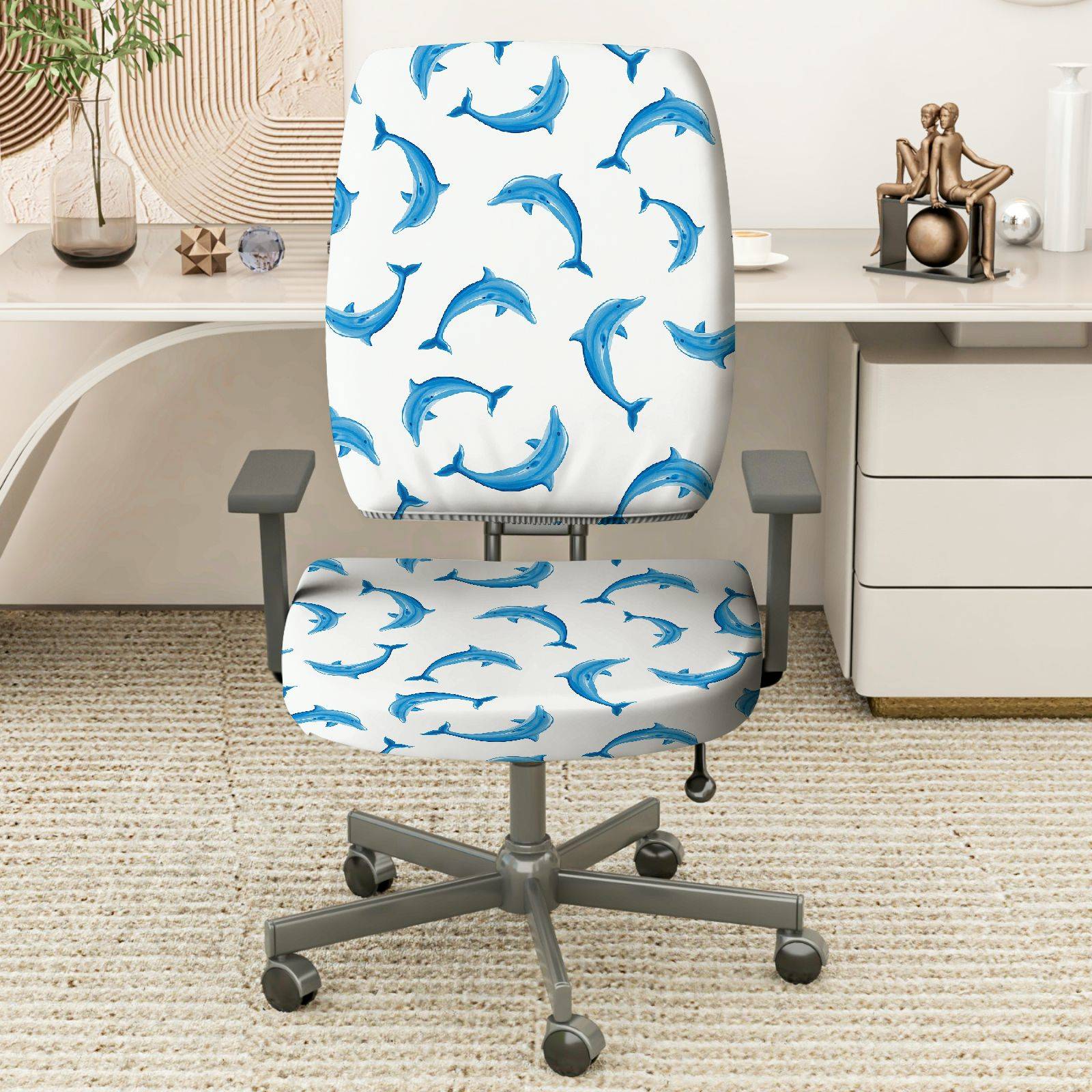 2-Piece Blue Dolphin Ocean Marine Cute Animal  Computer Chair Cover Set, Seat and Backrest
