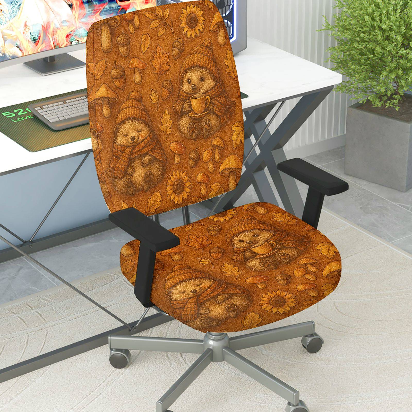 2-Piece Autumn Hedgehog Sunflower Leaf Mushroom  Computer Chair Cover Set, Seat and Backrest