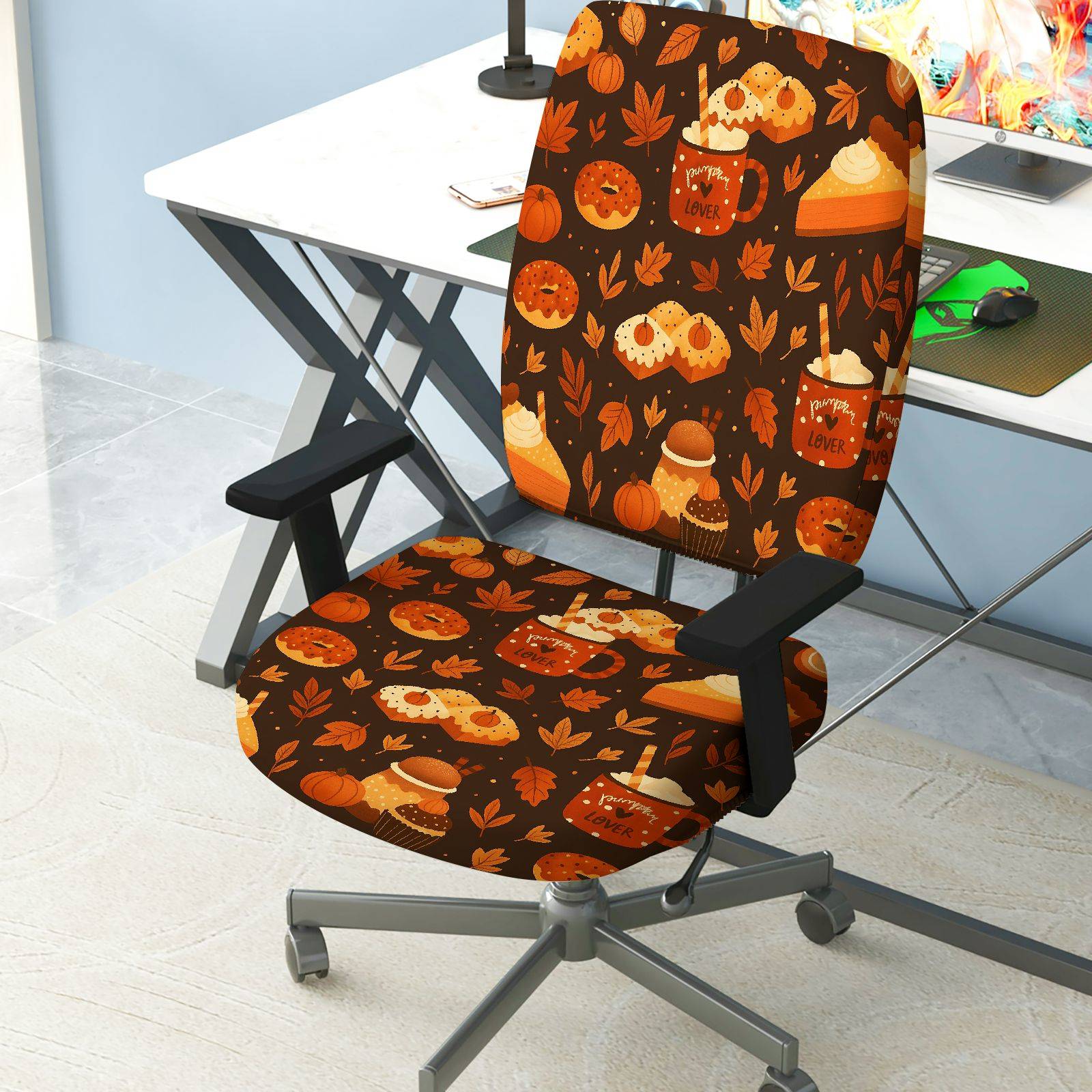 2-Piece Autumn Pumpkin Thanksgiving Dessert Coffee  Computer Chair Cover Set, Seat and Backrest