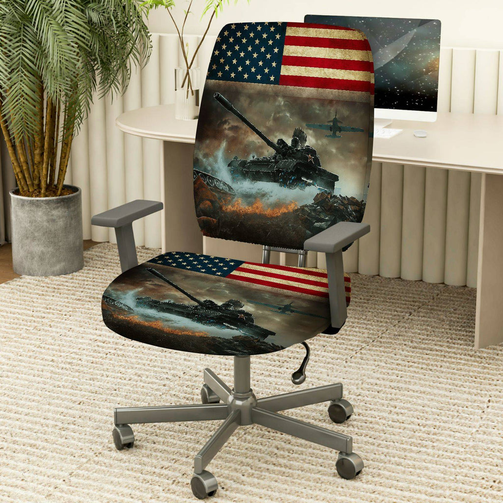 2-Piece American Flag Army Tank Battle Airplane  Computer Chair Cover Set, Seat and Backrest