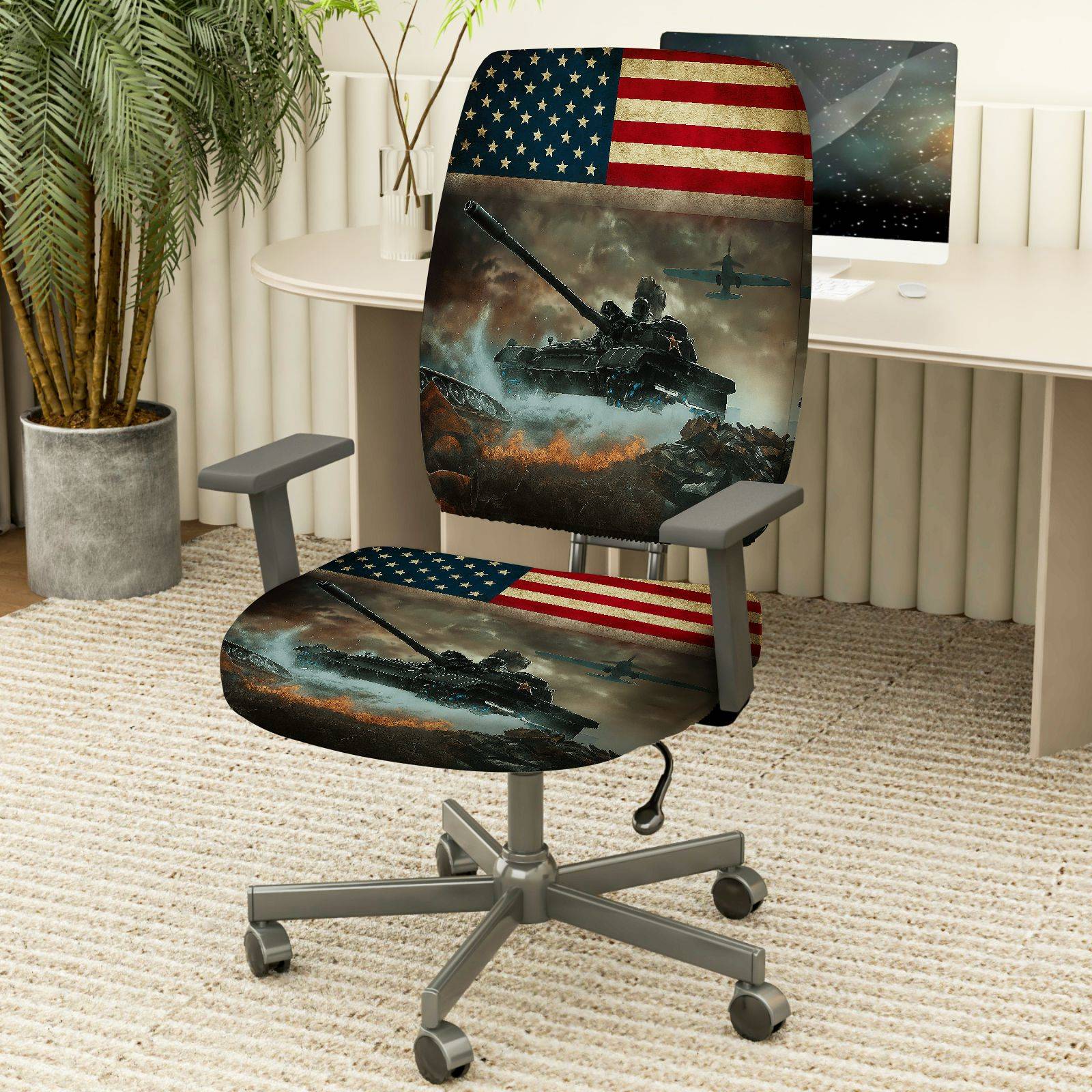 2-Piece American Flag Army Tank Battle Airplane  Computer Chair Cover Set, Seat and Backrest