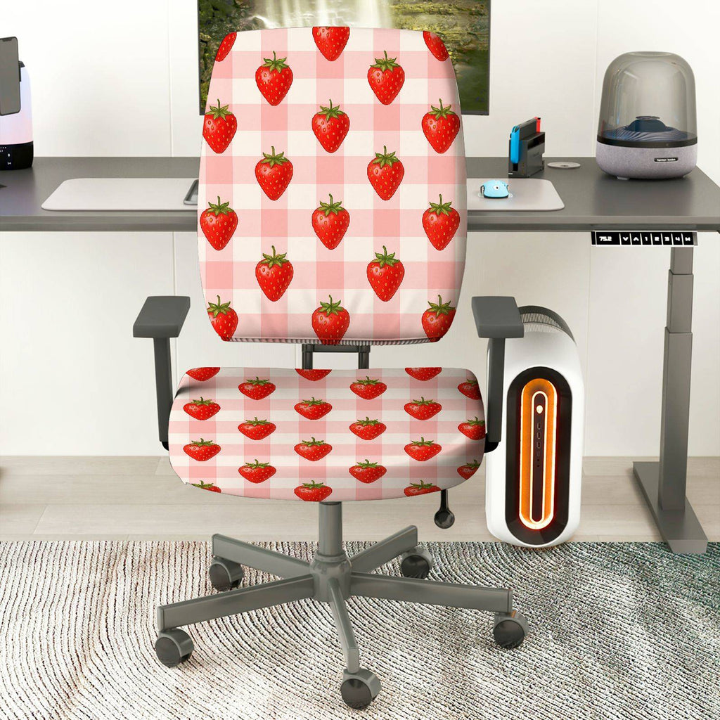2-Piece Strawberry Checkered Pattern Red Fresh  Computer Chair Cover Set, Seat and Backrest