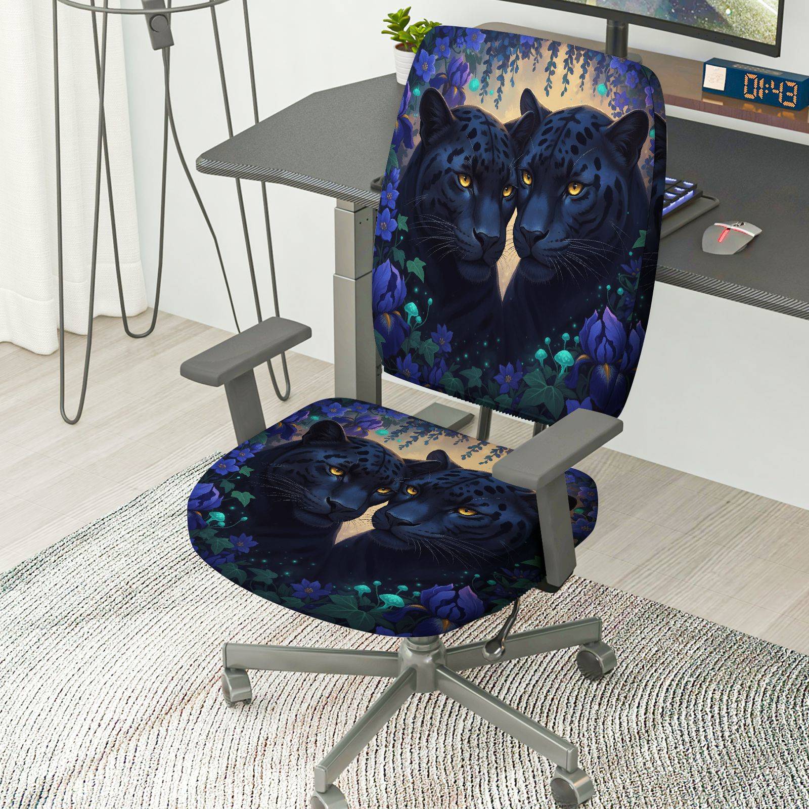 2-Piece Panther Animal Floral Art Decorative  Computer Chair Cover Set, Seat and Backrest