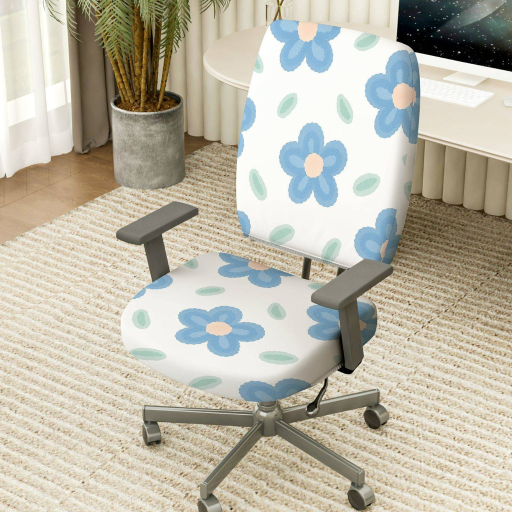 2-Piece Floral Pattern Cute Stylish Blue Leaf  Computer Chair Cover Set, Seat and Backrest
