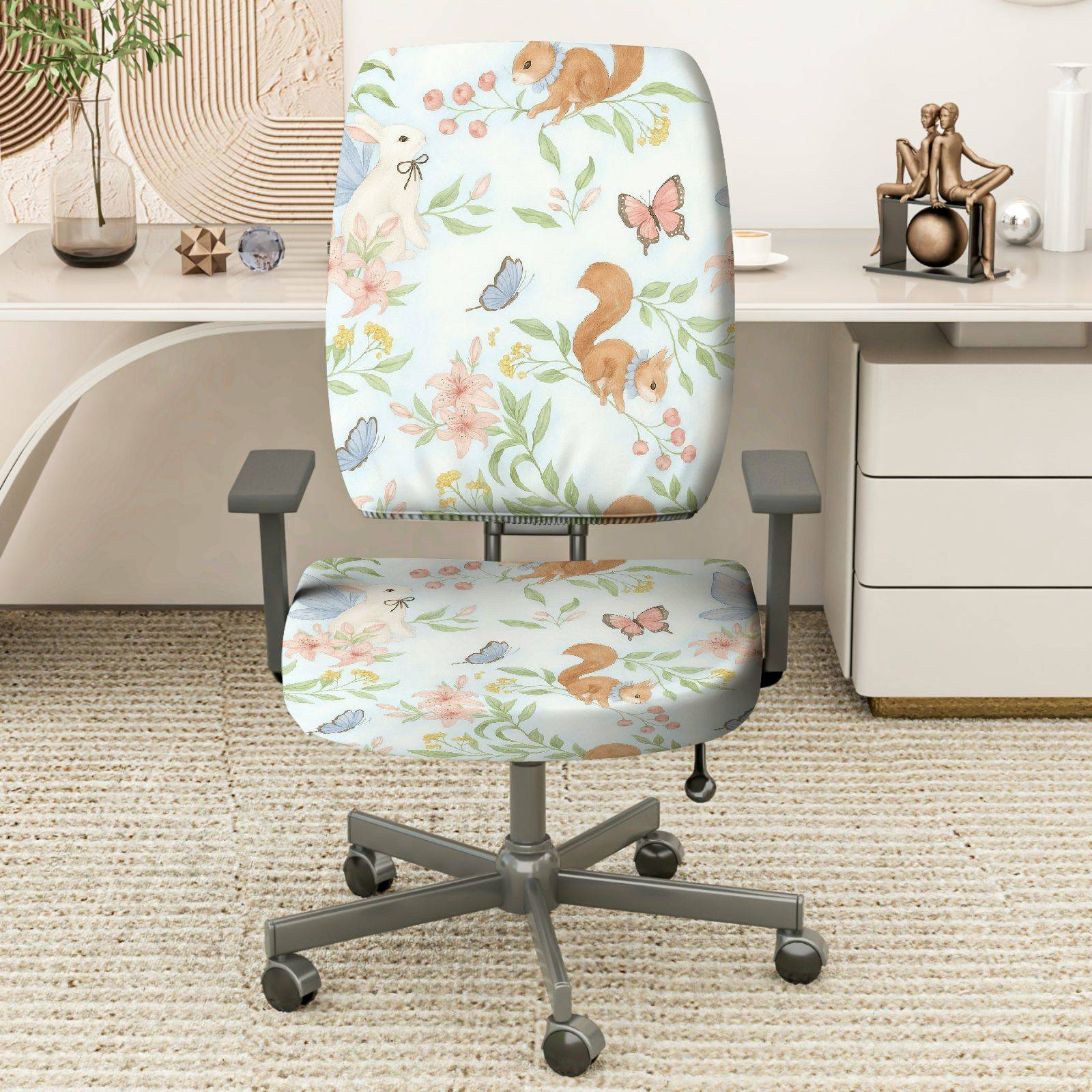 2-Piece Animal Floral Butterfly Squirrel Rabbit Spring  Computer Chair Cover Set, Seat and Backrest