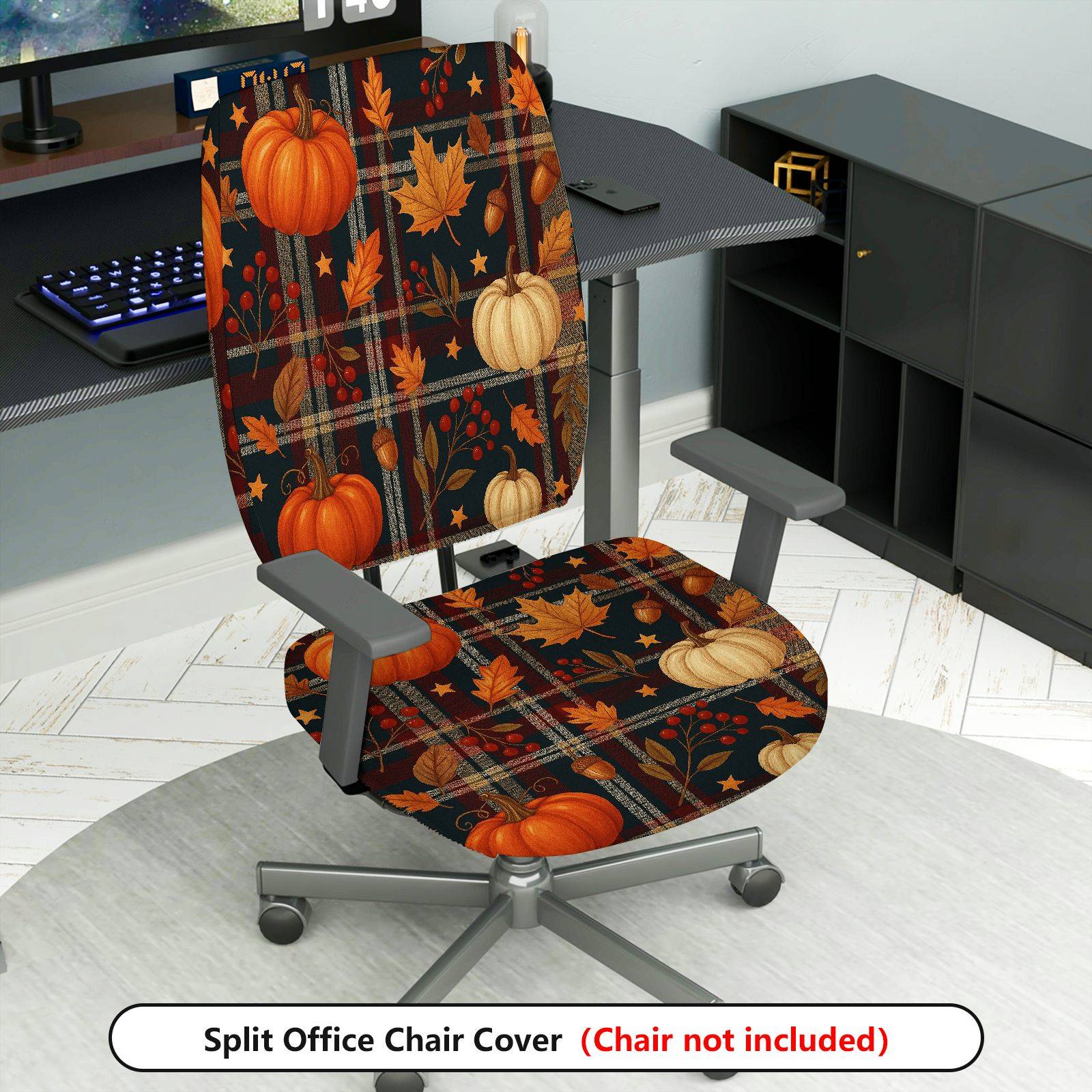 2-Piece Autumn Thanksgiving Pumpkin Leaves Acorn Berry  Computer Chair Cover Set, Seat and Backrest