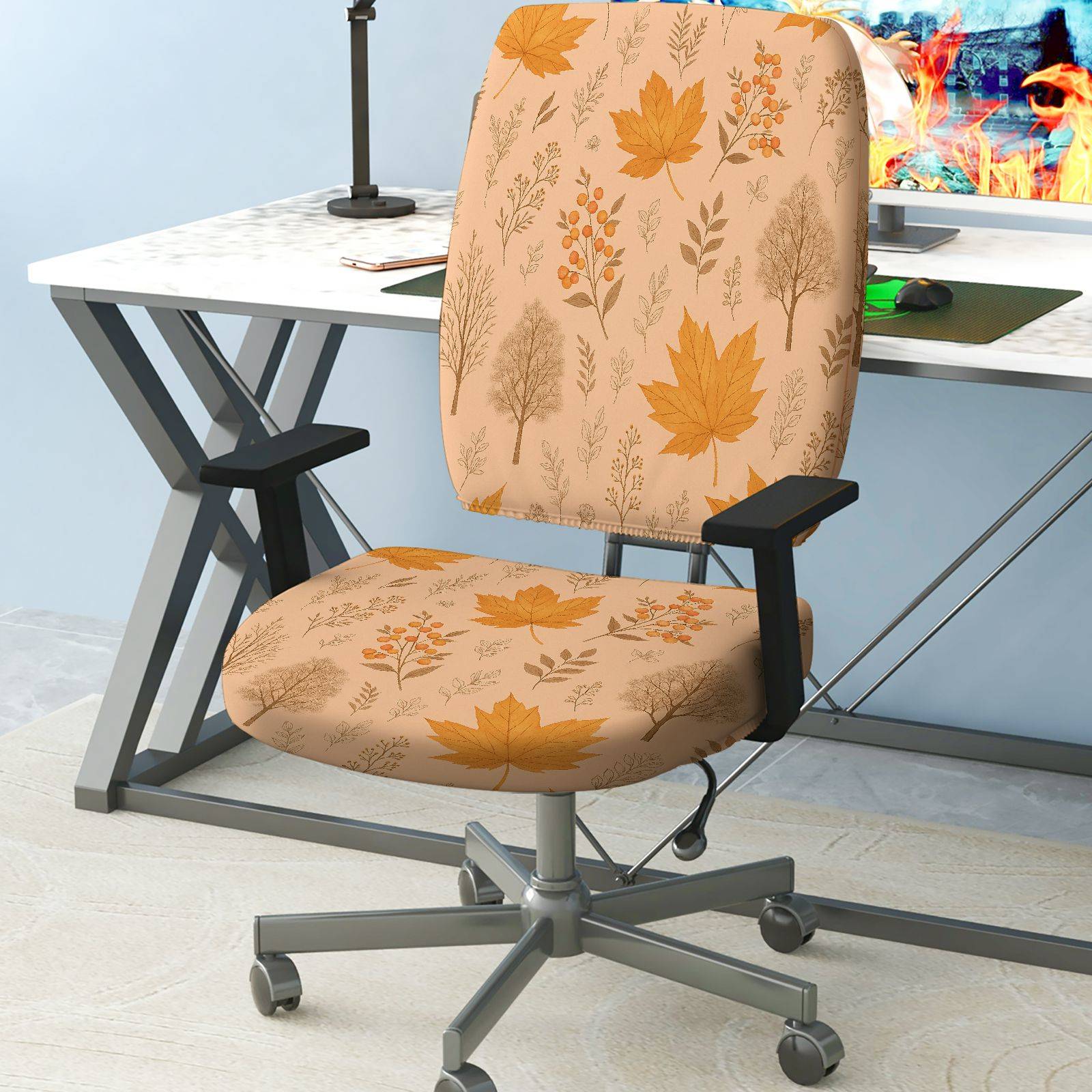 2-Piece Autumn Leaves Floral Nature Pattern  Computer Chair Cover Set, Seat and Backrest
