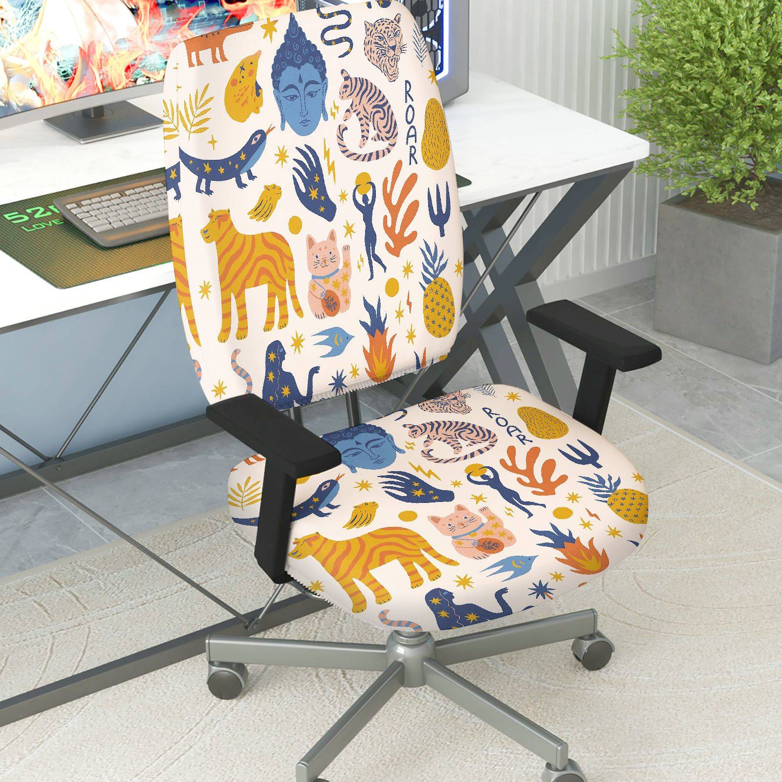 2-Piece Animal Jungle Wildlife Decorative  Computer Chair Cover Set, Seat and Backrest