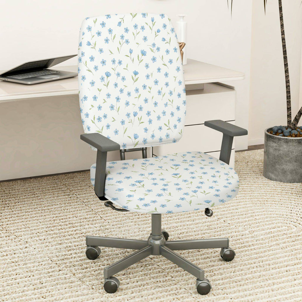2-Piece Floral Pattern Blue White  Computer Chair Cover Set, Seat and Backrest