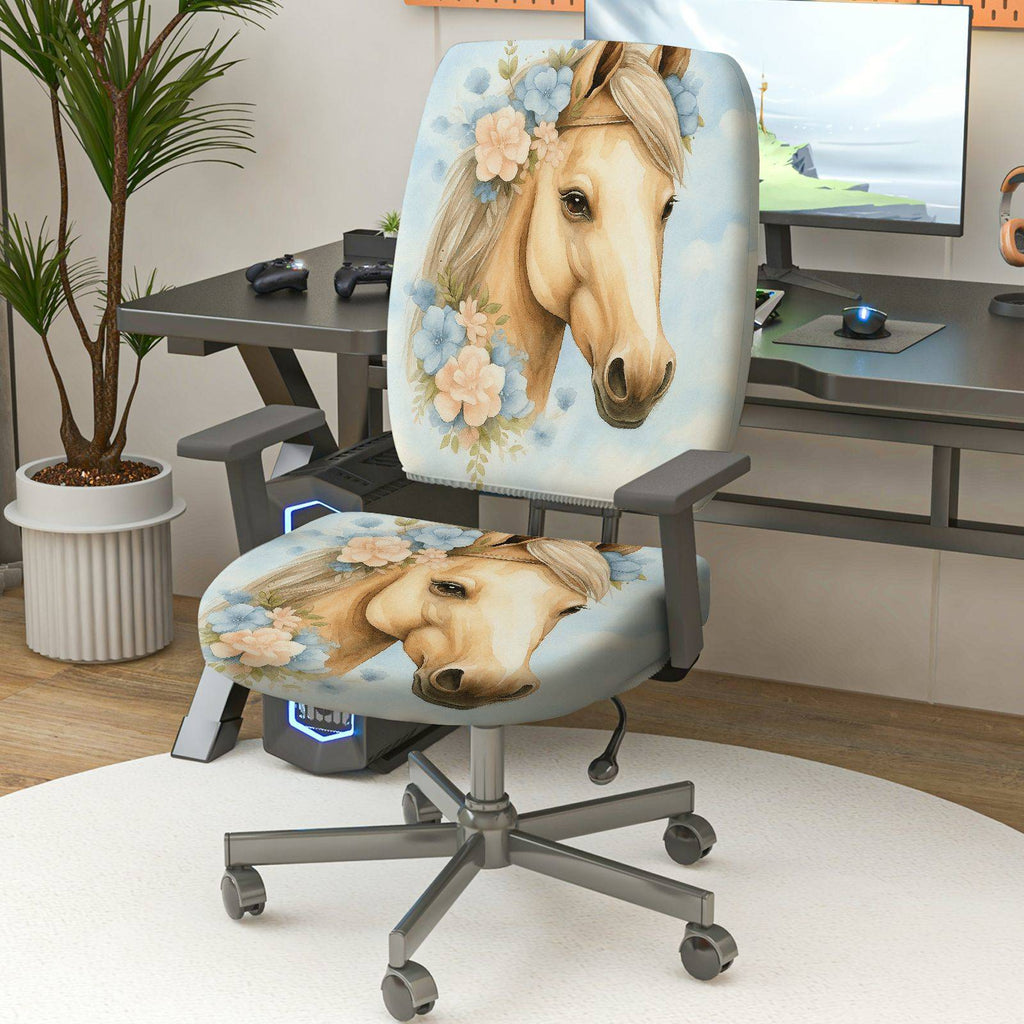 2-Piece Horse Floral Animal Art Modern Stylish  Computer Chair Cover Set, Seat and Backrest