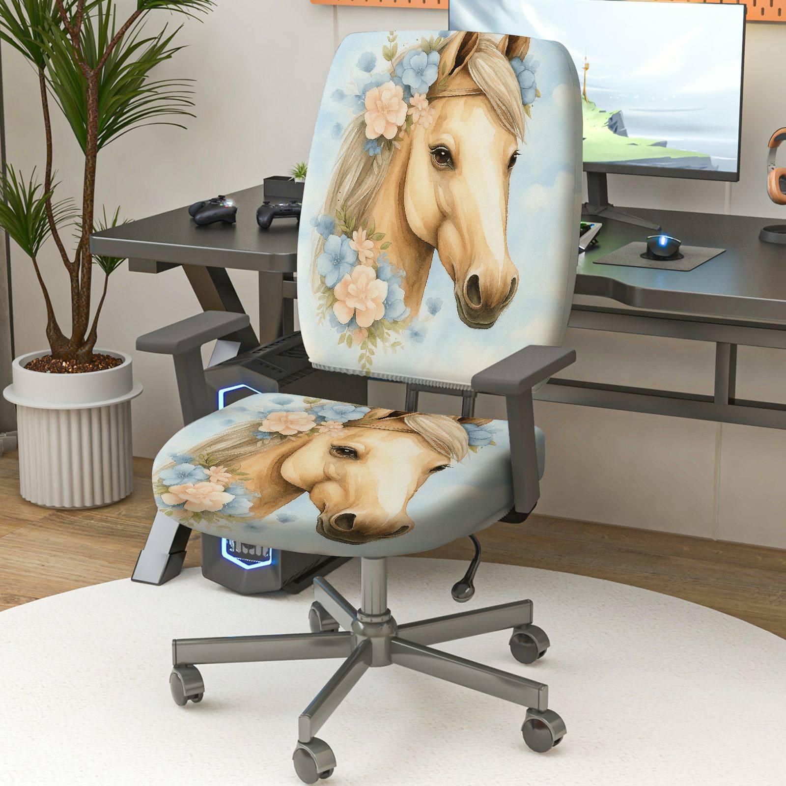 2-Piece Horse Floral Animal Art Modern Stylish  Computer Chair Cover Set, Seat and Backrest