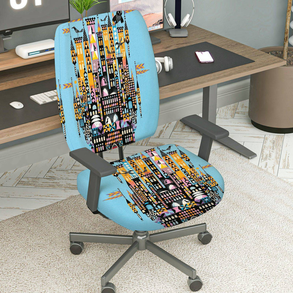 2-Piece Colorful Geometric City Night Skyline Pattern  Computer Chair Cover Set, Seat and Backrest