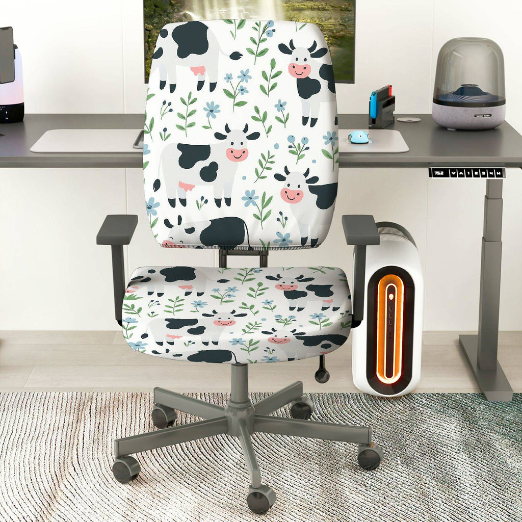 2-Piece Cow Floral Animal  Computer Chair Cover Set, Seat and Backrest