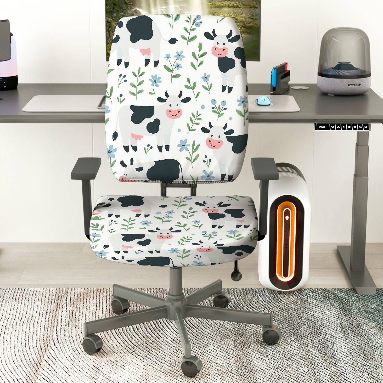 2-Piece Cow Floral Animal  Computer Chair Cover Set, Seat and Backrest
