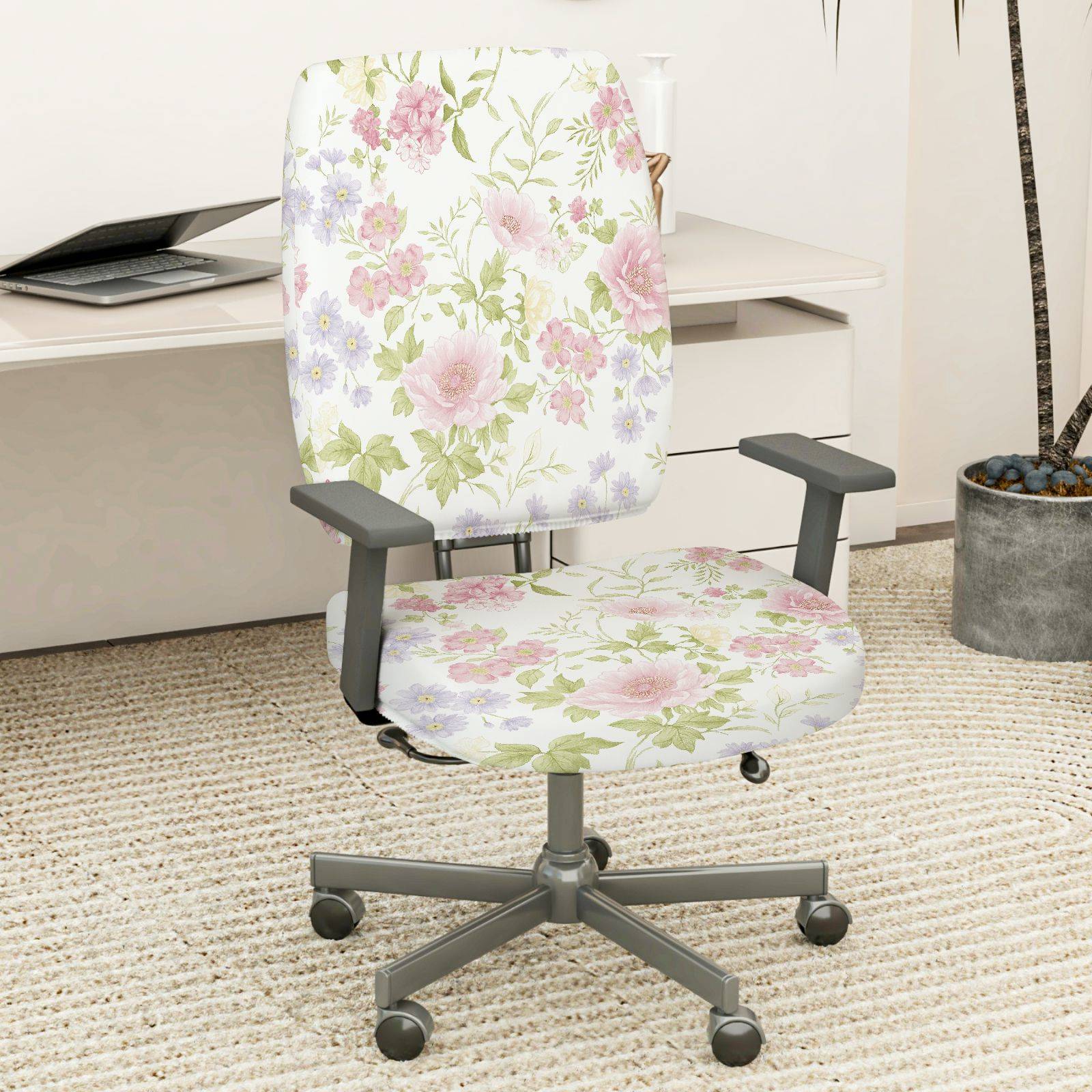 2-Piece Floral Pastel Botanical Spring Garden Nature  Computer Chair Cover Set, Seat and Backrest