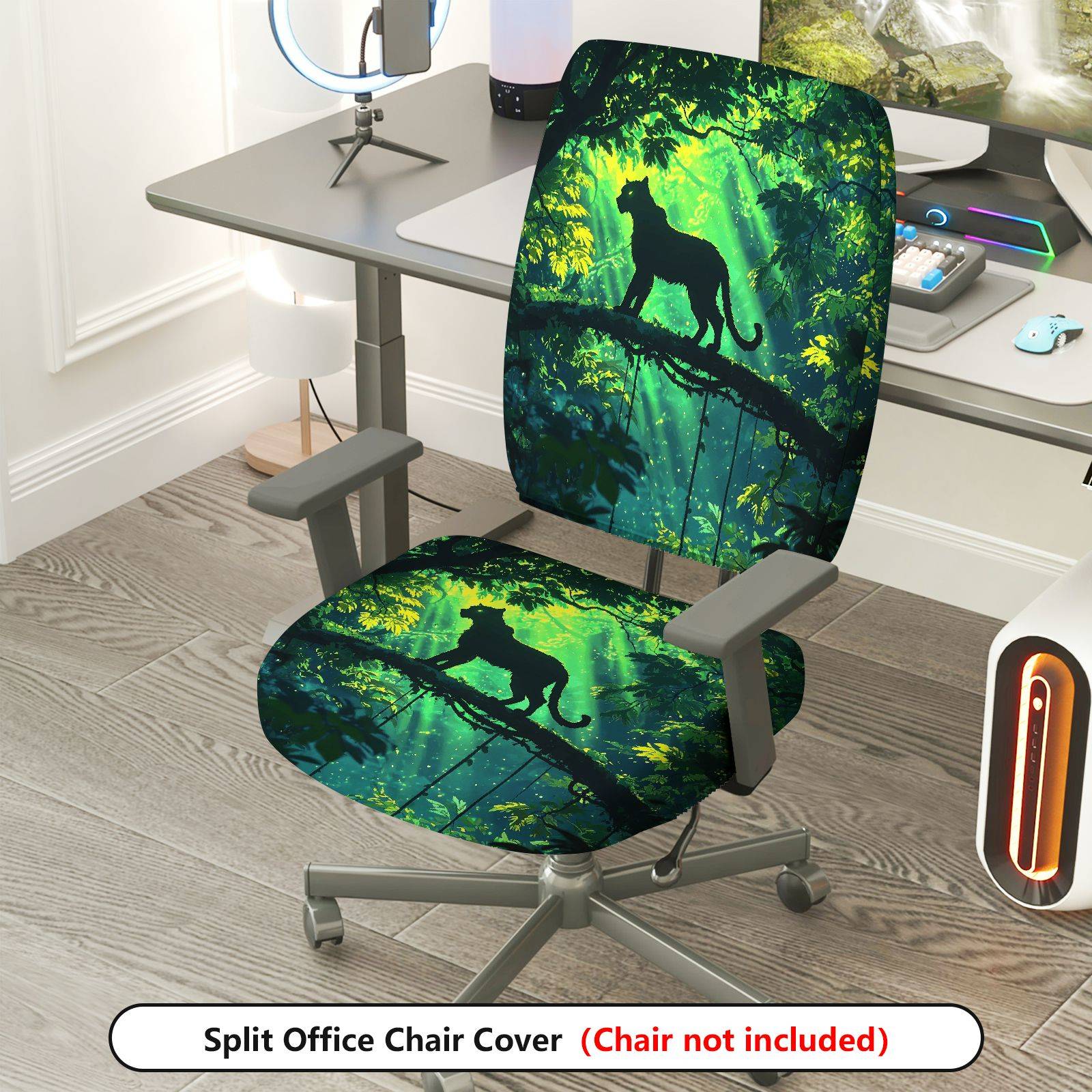 2-Piece Jungle Leopard Animal Forest Green Nature  Computer Chair Cover Set, Seat and Backrest