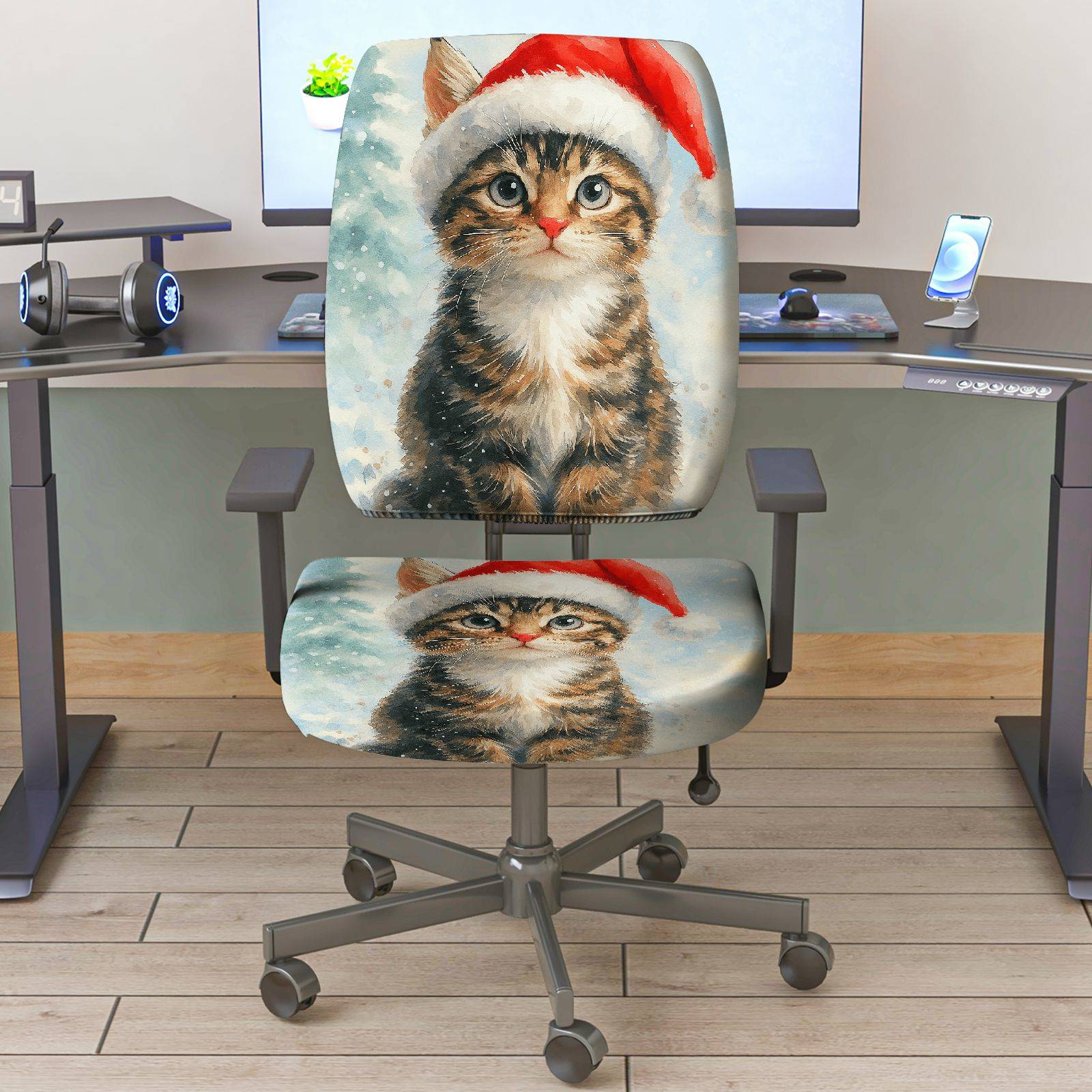 2-Piece Christmas Santa Claus Cat Snow Winter  Computer Chair Cover Set, Seat and Backrest