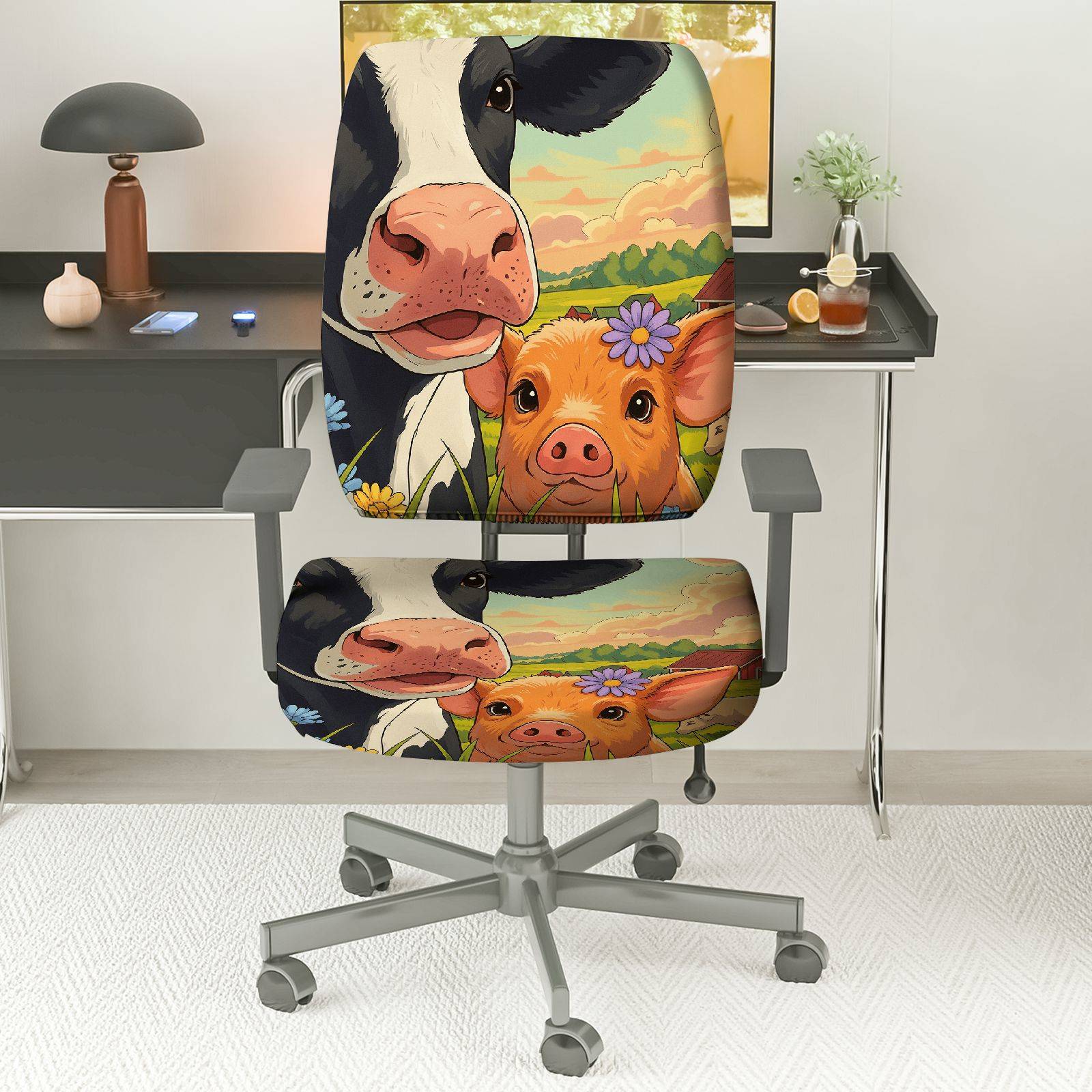2-Piece Farm Animal Cow Pig Floral Scenic  Computer Chair Cover Set, Seat and Backrest