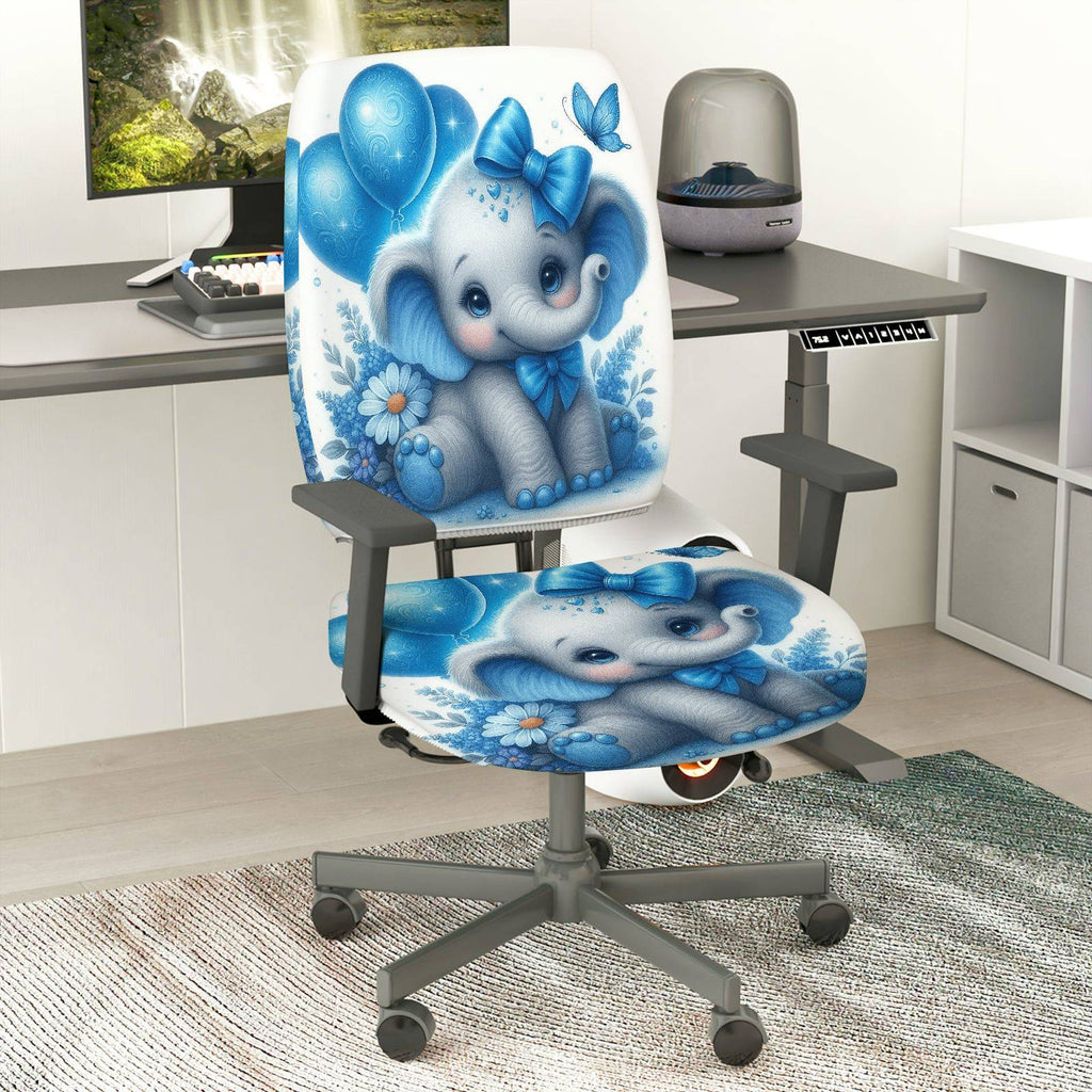2-Piece Cute Elephant Blue Flowers Butterfly Balloons  Computer Chair Cover Set, Seat and Backrest