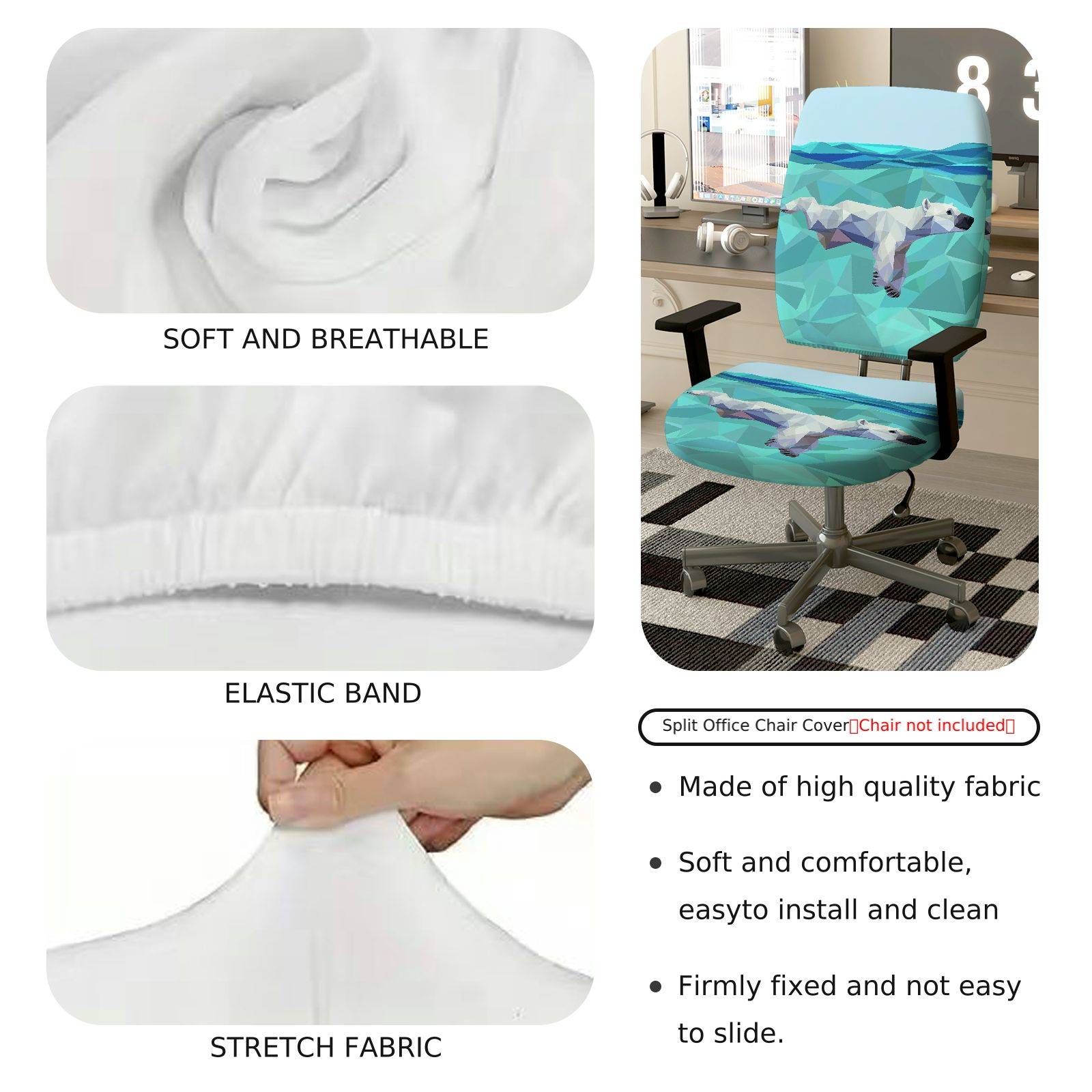 2-Piece Geometric Animal Polar Bear Blue Green Arctic Adjustable  Computer Chair Cover Set, Seat and Backrest