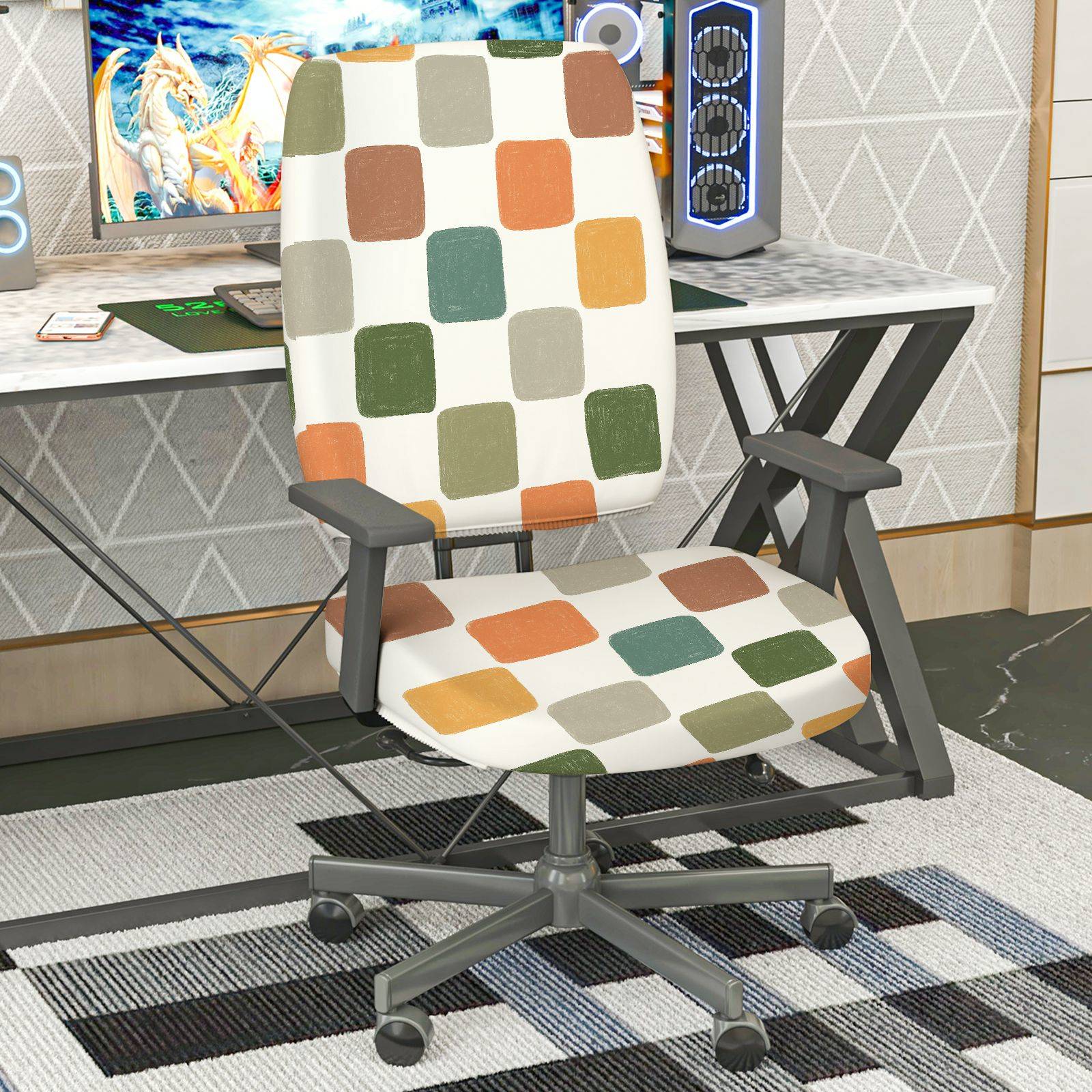 2-Piece Colorful Geometric Pattern Grid Stylish Modern Festival  Computer Chair Cover Set, Seat and Backrest