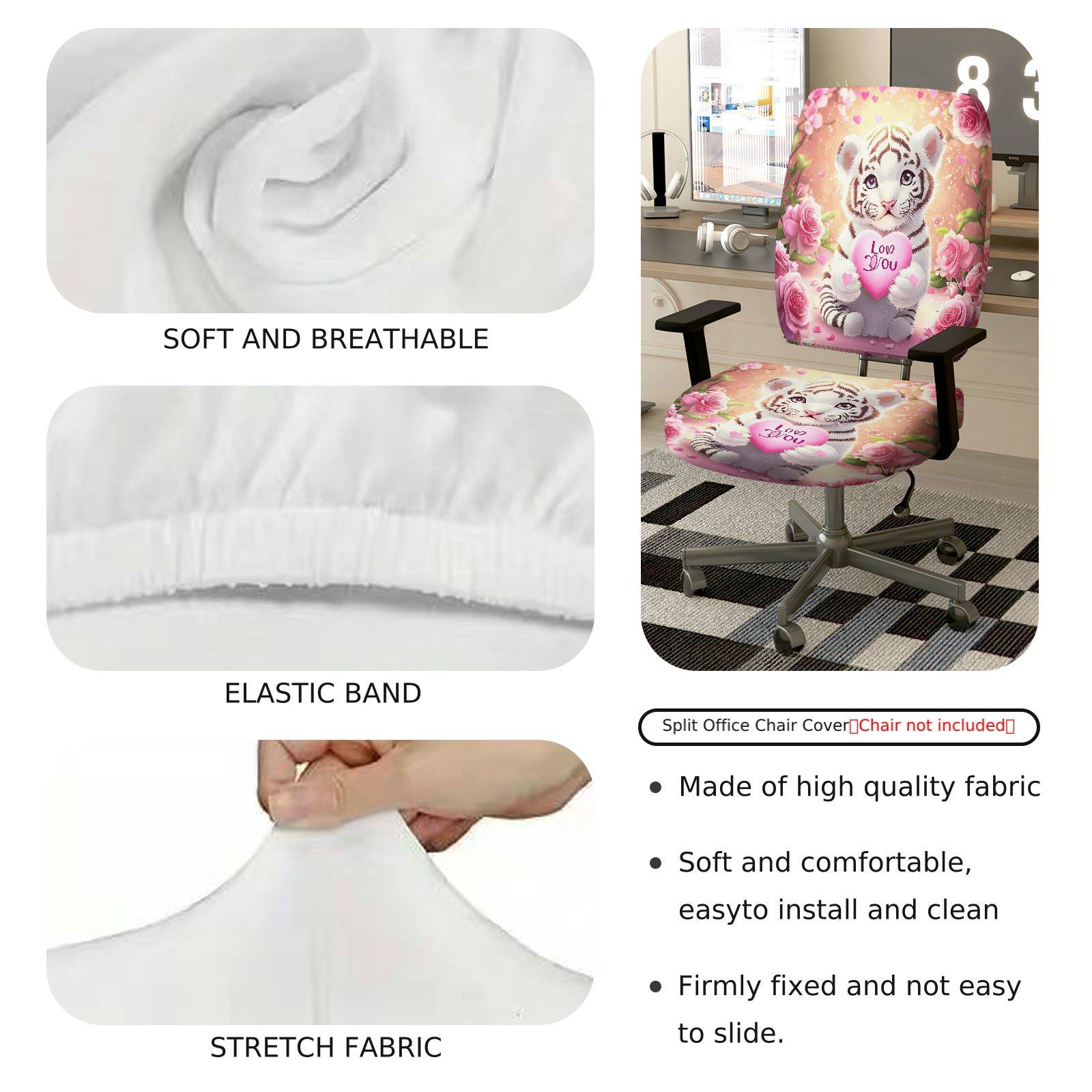 2-Piece Cute Animal Valentine's Day Romantic Floral Love Theme  Computer Chair Cover Set, Seat and Backrest