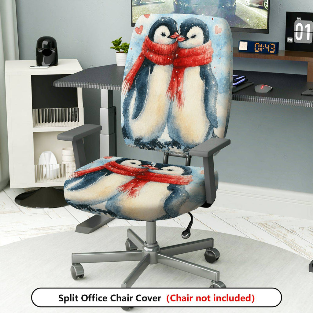 2-Piece Animal Winter Love Penguin Snow  Computer Chair Cover Set, Seat and Backrest
